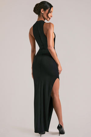 Oh Polly model Yasmin wearing the Mayda Maxi Dress in Black Soft Jersey fabric perfect for special occasions