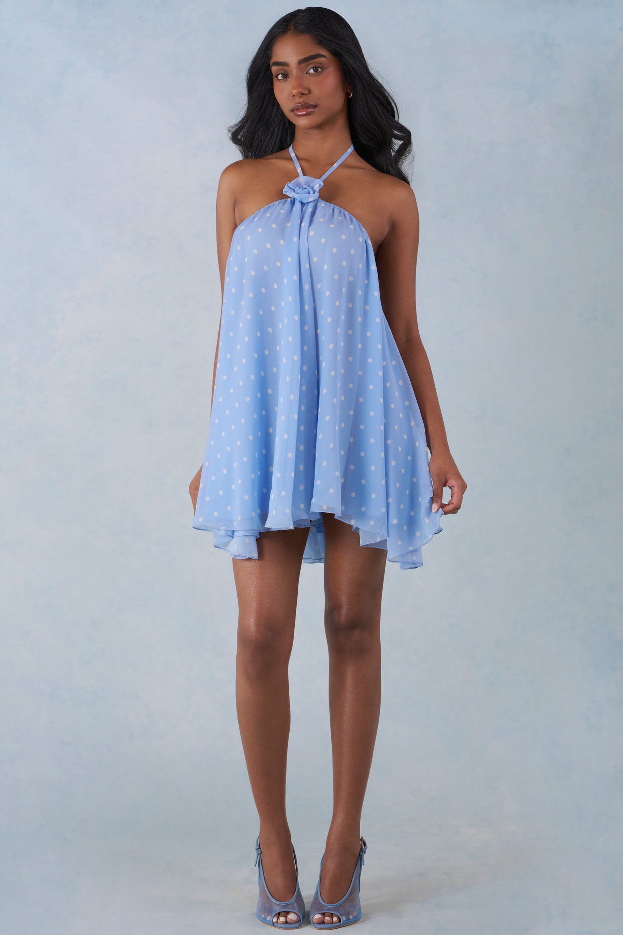 Halterneck Babydoll Mini Dress in Blue Polka Dot Print - 1