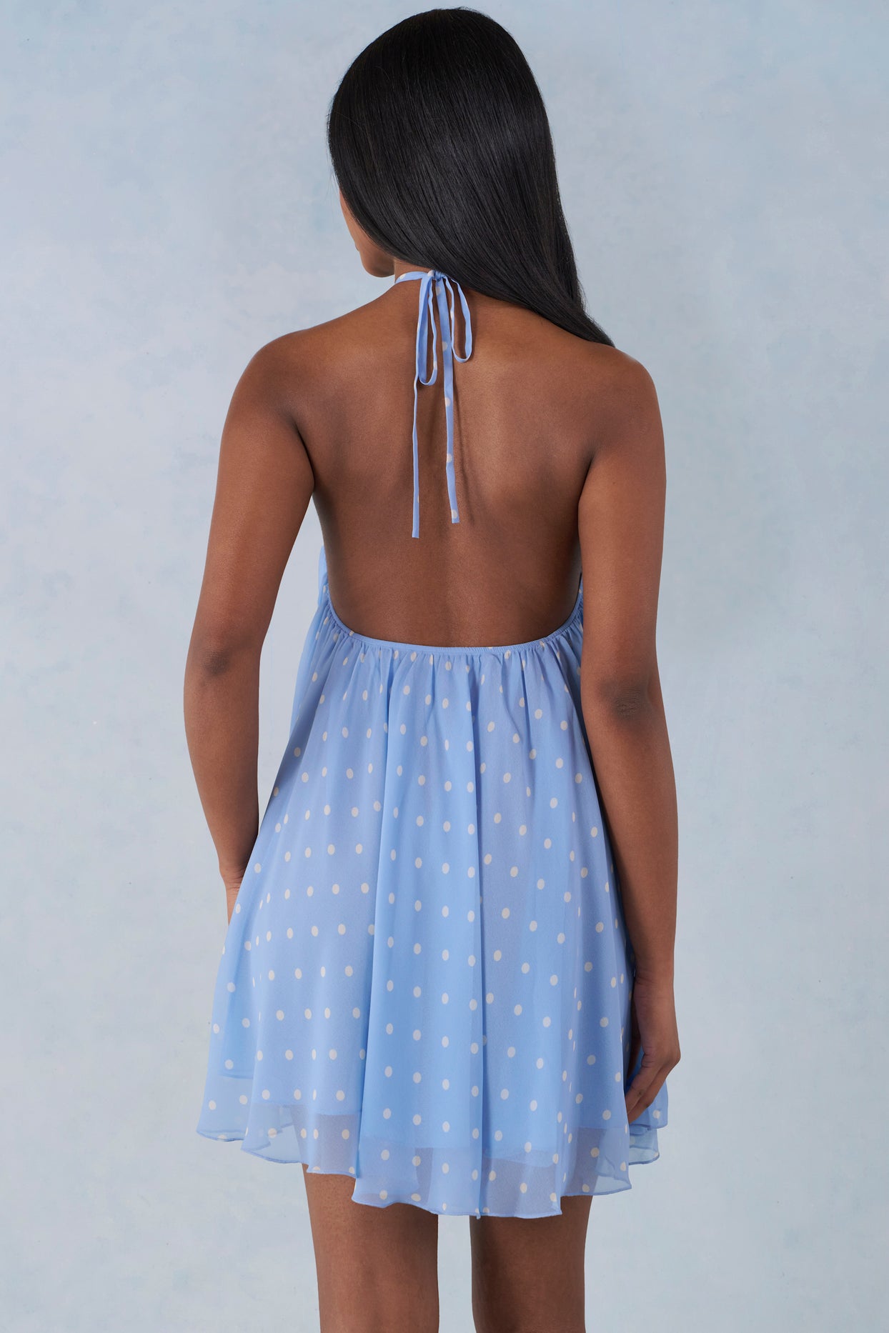 Halterneck Babydoll Mini Dress in Blue Polka Dot Print - 5