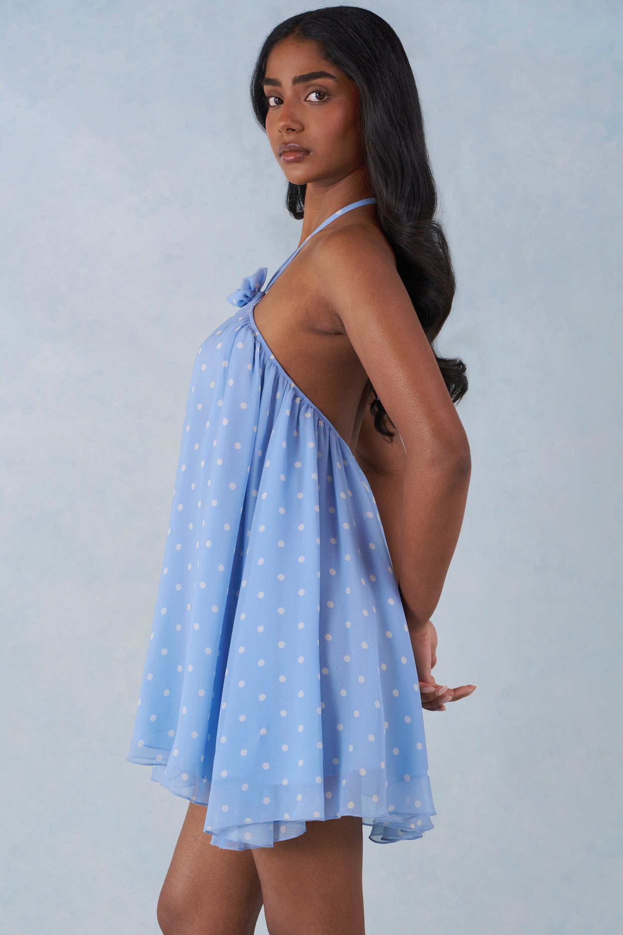 Halterneck Babydoll Mini Dress in Blue Polka Dot Print - 3