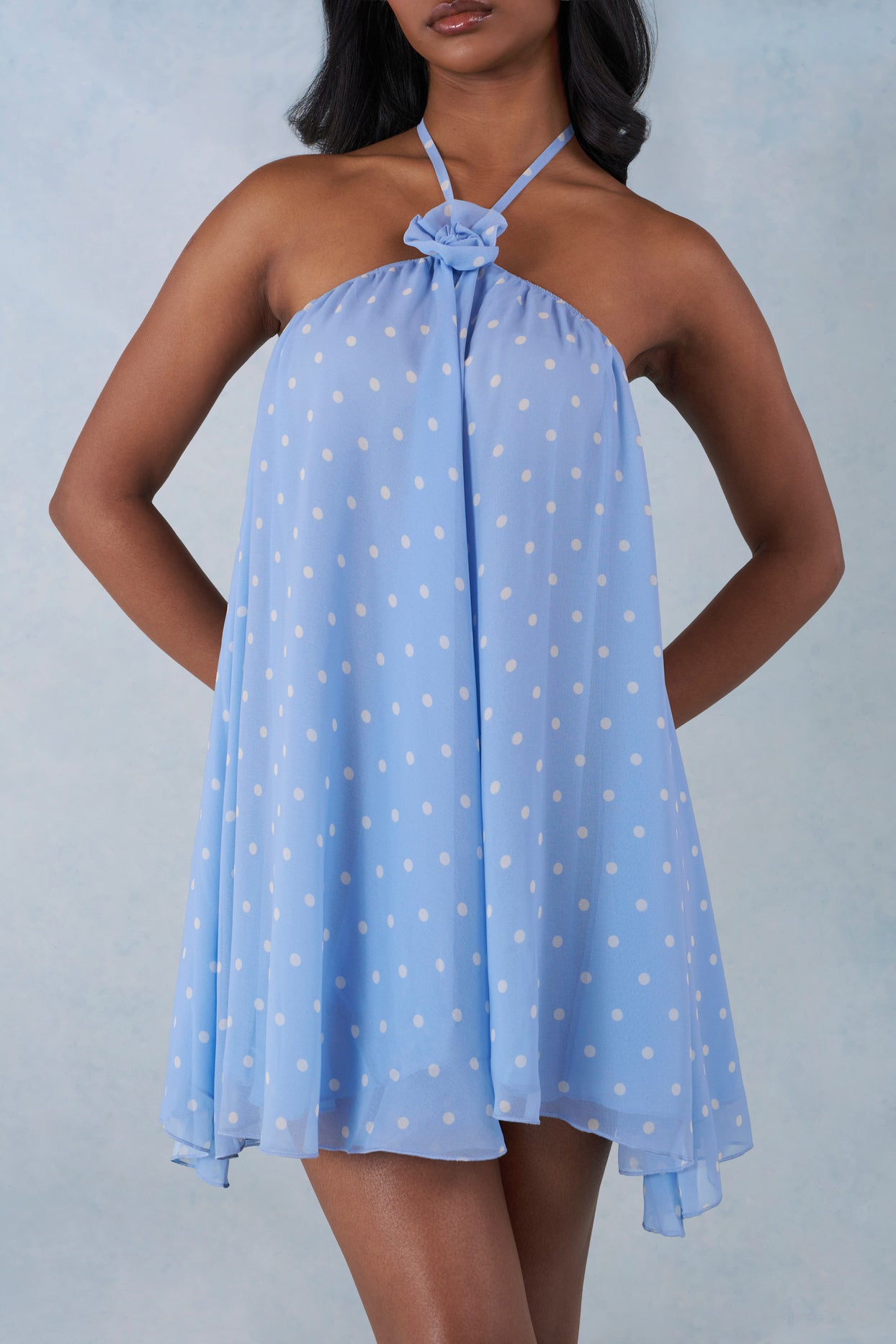 Halterneck Babydoll Mini Dress in Blue Polka Dot Print - 4
