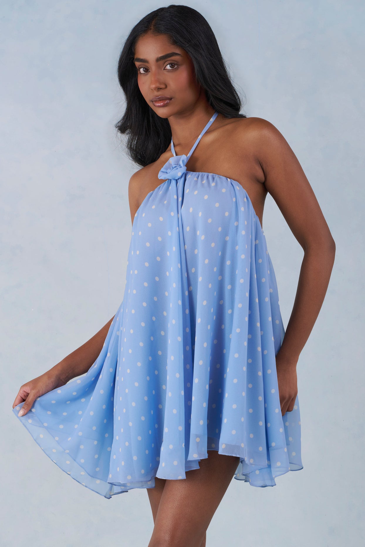 Halterneck Babydoll Mini Dress in Blue Polka Dot Print - 6