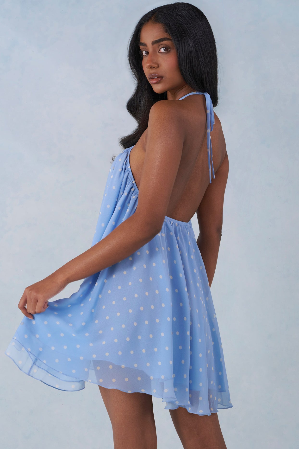 Halterneck Babydoll Mini Dress in Blue Polka Dot Print - 2