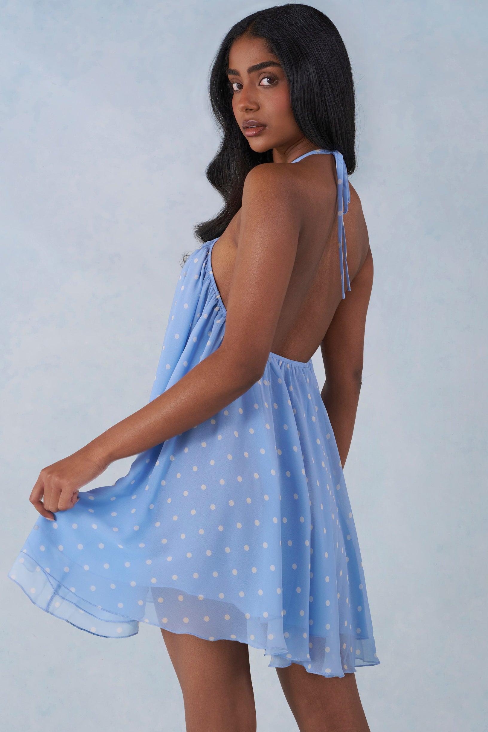 Halterneck Babydoll Mini Dress in Blue Polka Dot Print - 2