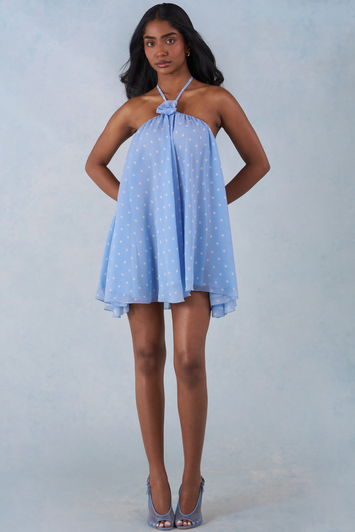 Halterneck Babydoll Mini Dress in Blue Polka Dot Print - 8