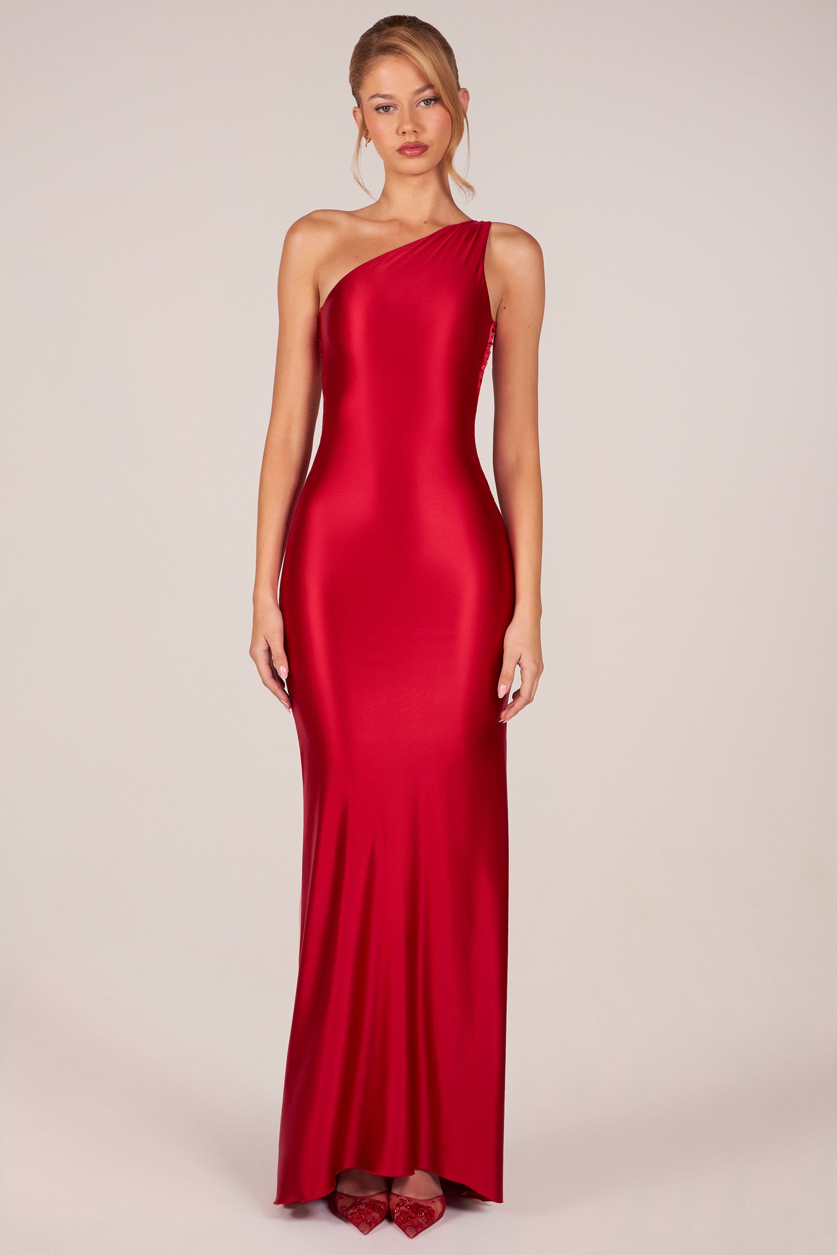 Asymmetric Tie-Back Gown in Cherry - 2