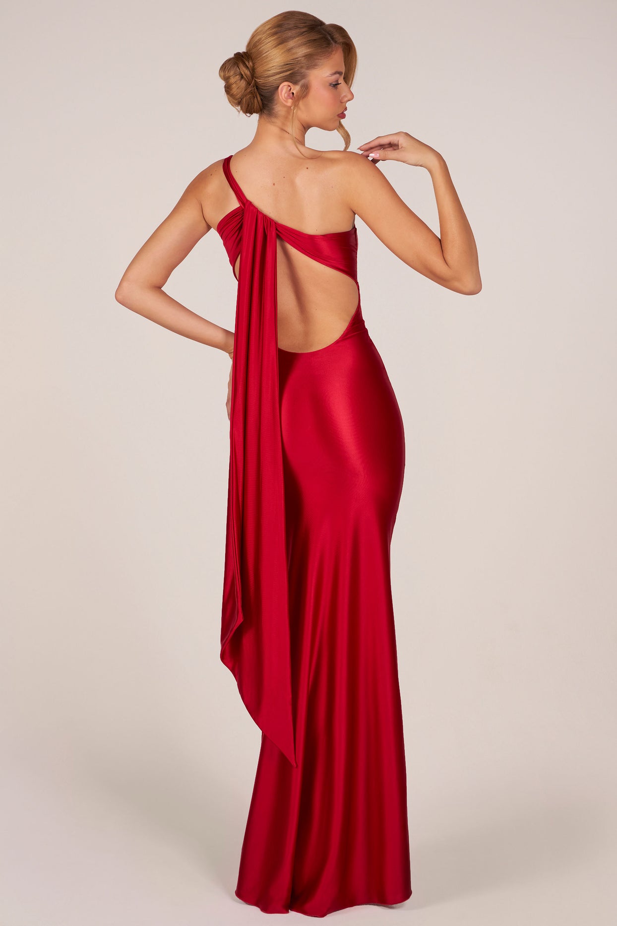 Asymmetric Tie-Back Gown in Cherry - 7