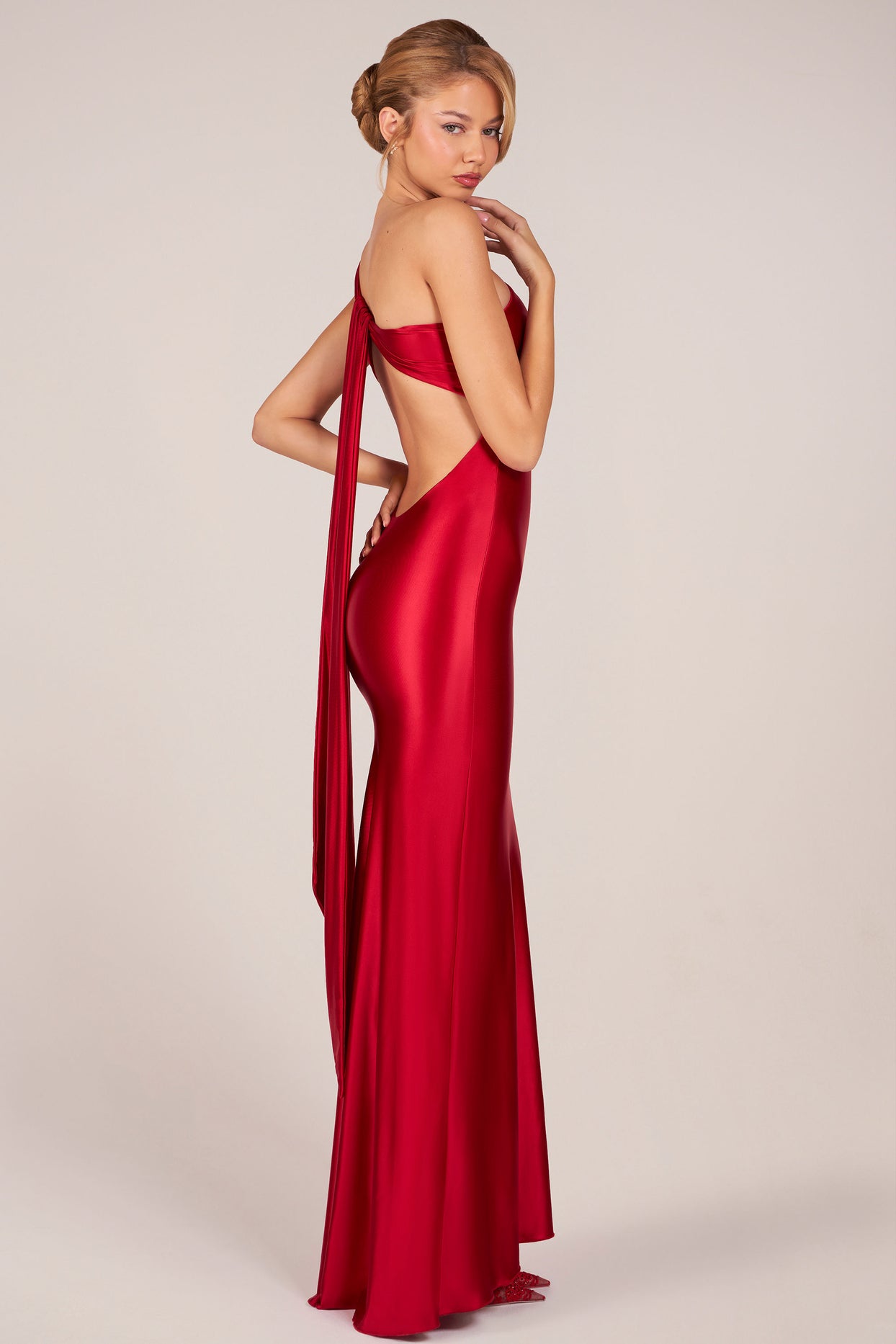Asymmetric Tie-Back Gown in Cherry - 4