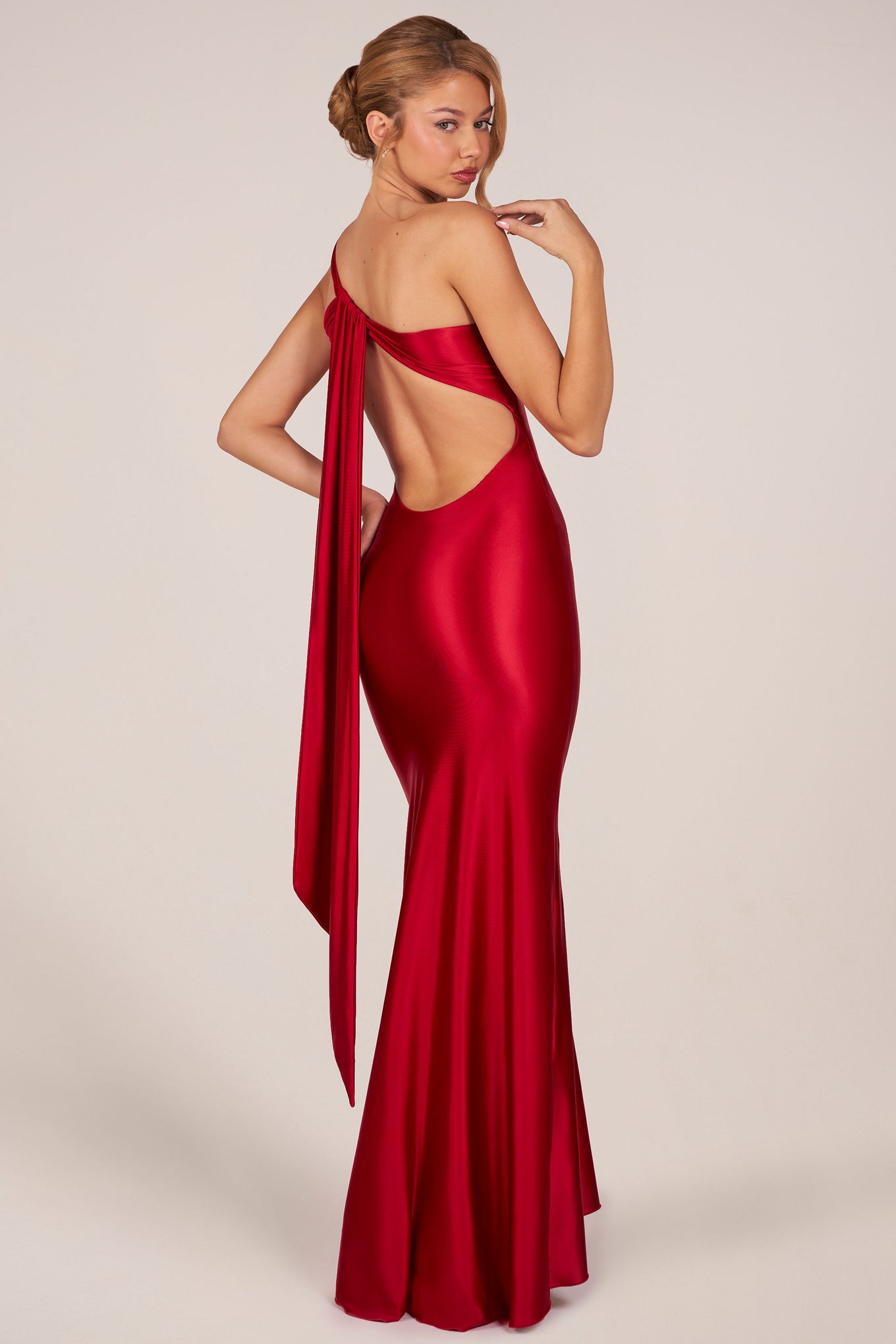 Asymmetric Tie-Back Gown in Cherry - 1