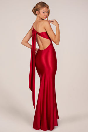 Asymmetric Tie-Back Gown in Rose Red