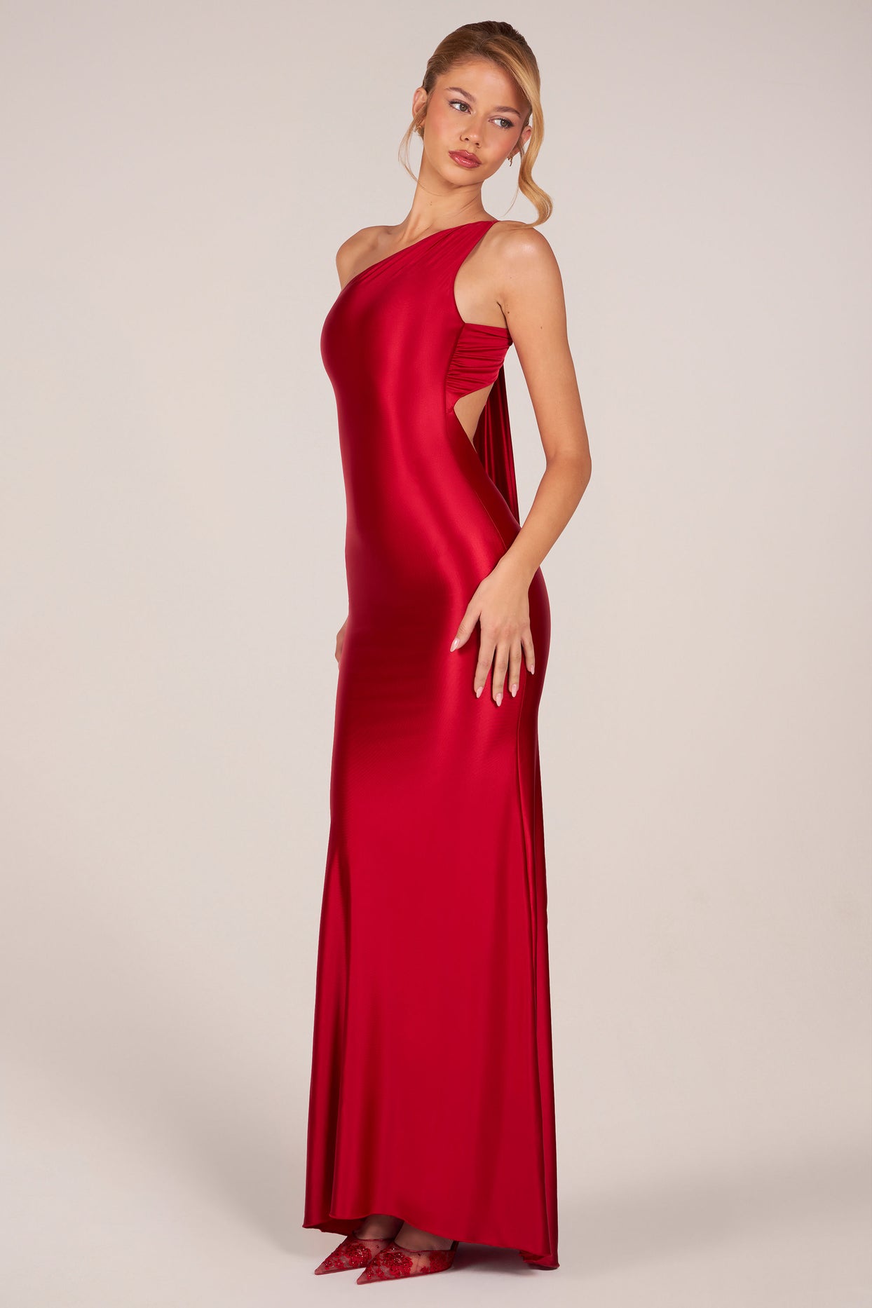 Asymmetric Tie-Back Gown in Cherry - 9