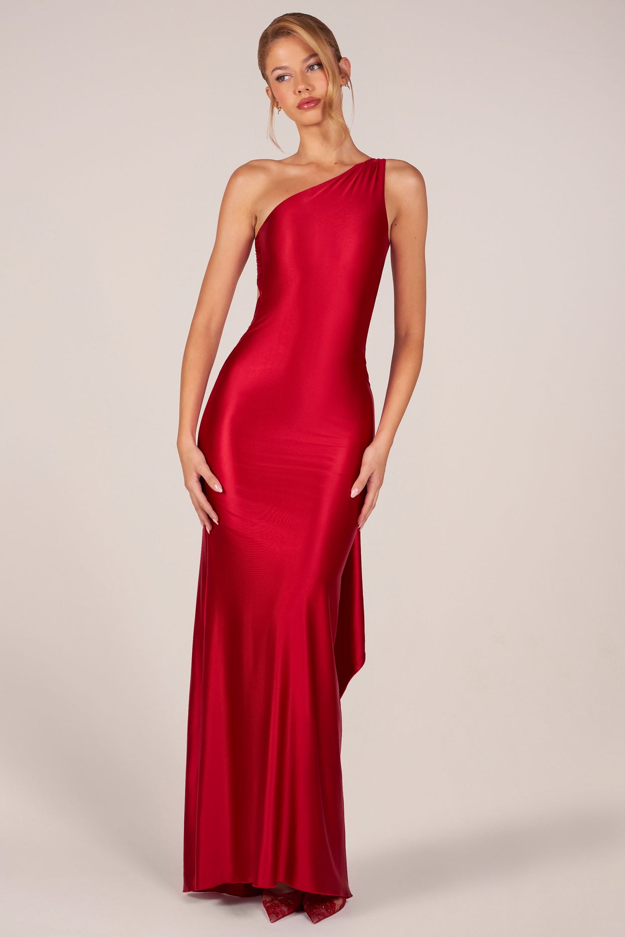 Asymmetric Tie-Back Gown in Cherry - 6