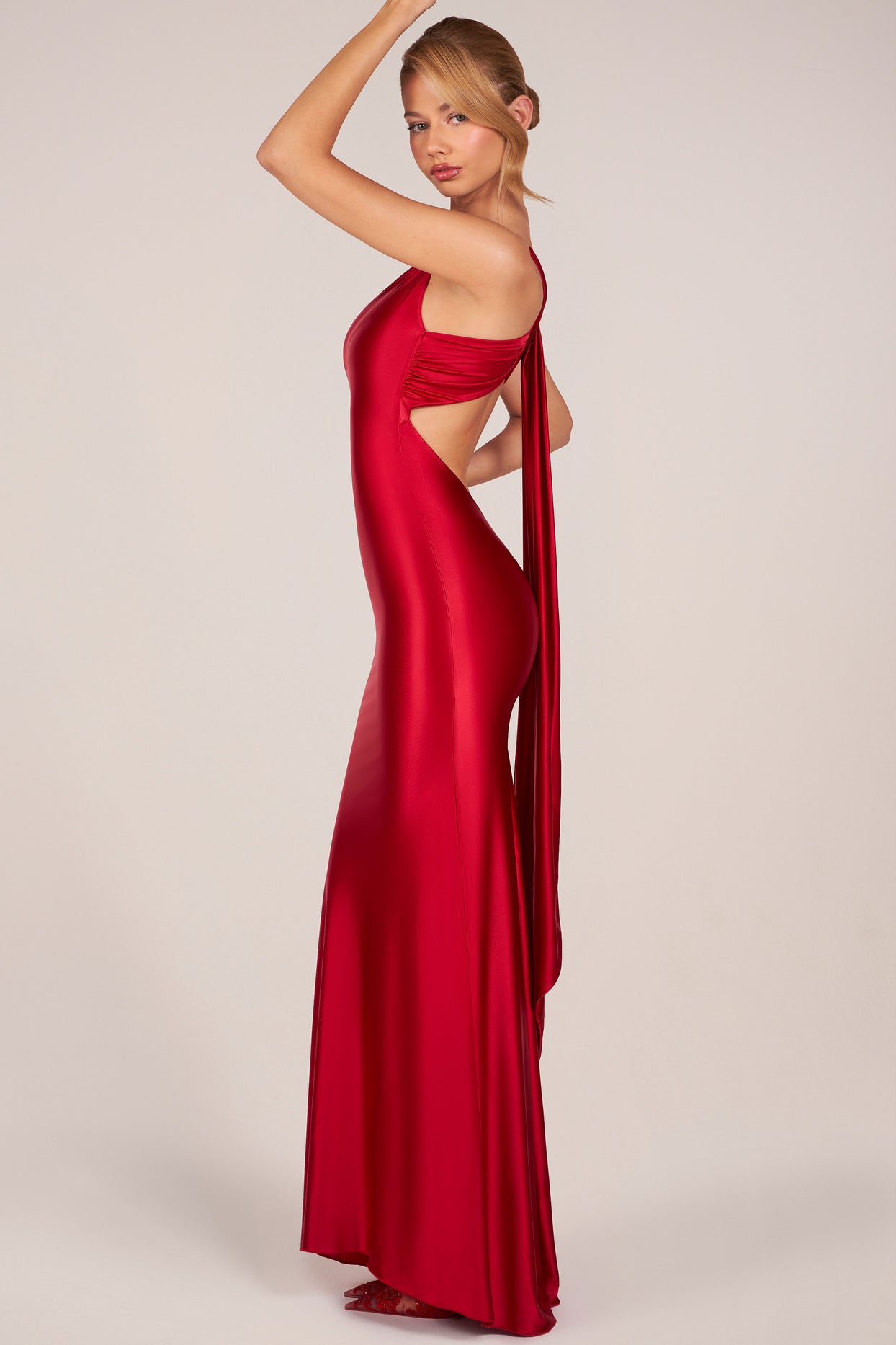 Asymmetric Tie-Back Gown in Cherry - 8