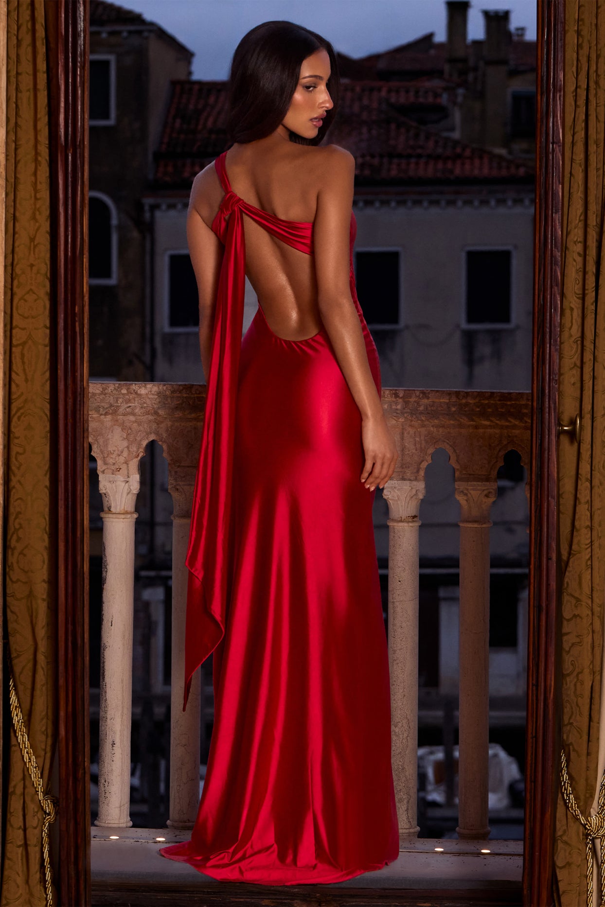 Asymmetric Tie-Back Gown in Cherry - 3