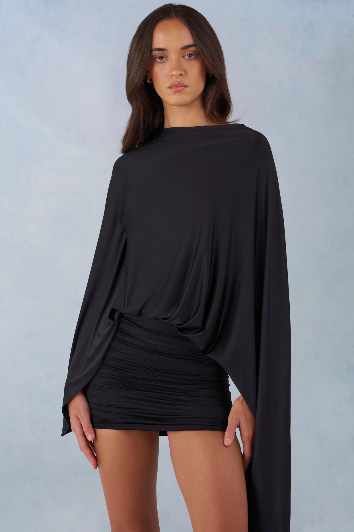 Draped Cape Mini Dress in Black - 8