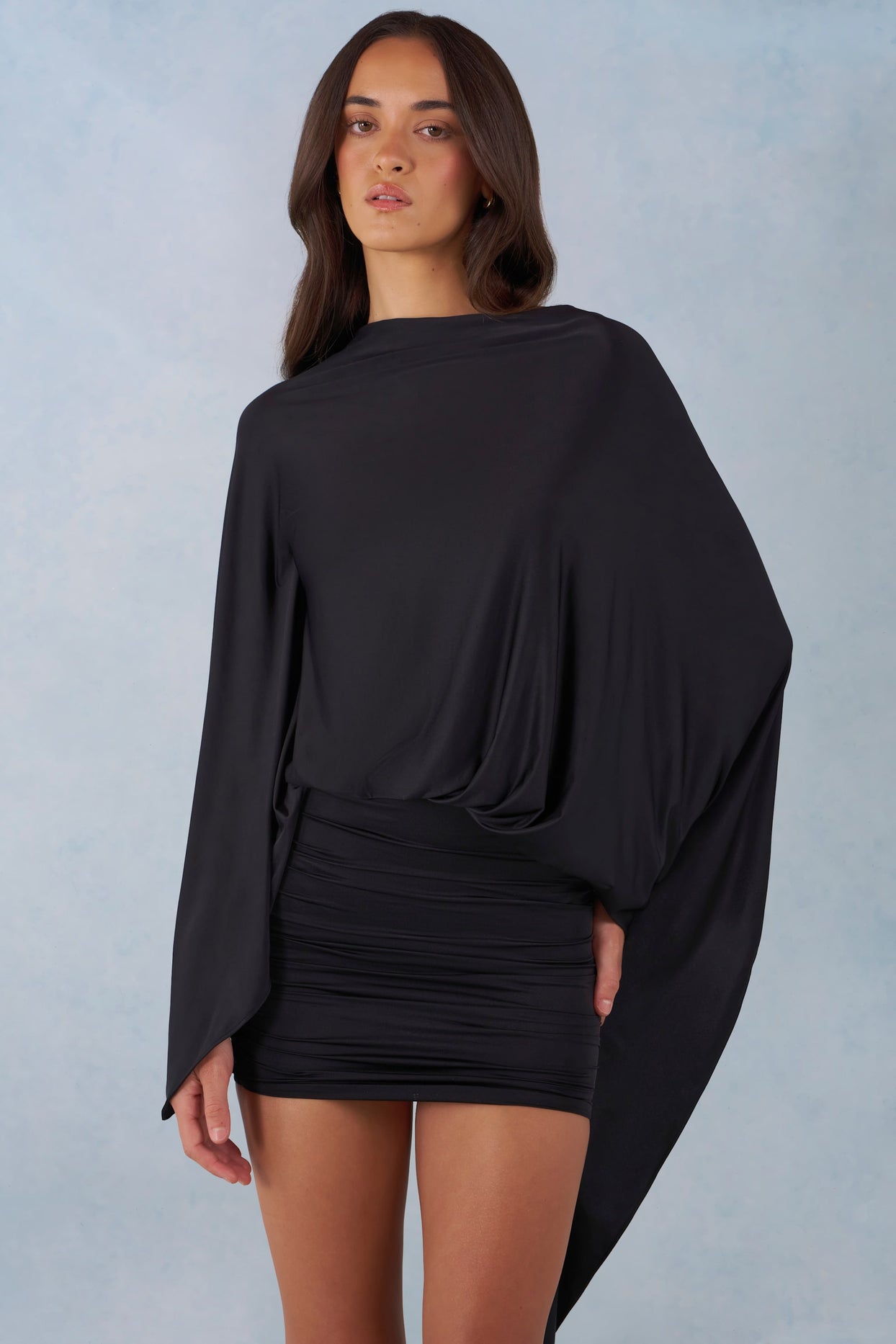 Draped Cape Mini Dress in Black - 5