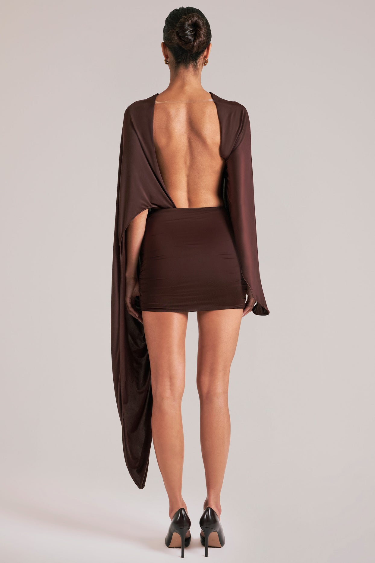 Draped Cape Mini Dress in Chocolate Brown - 7