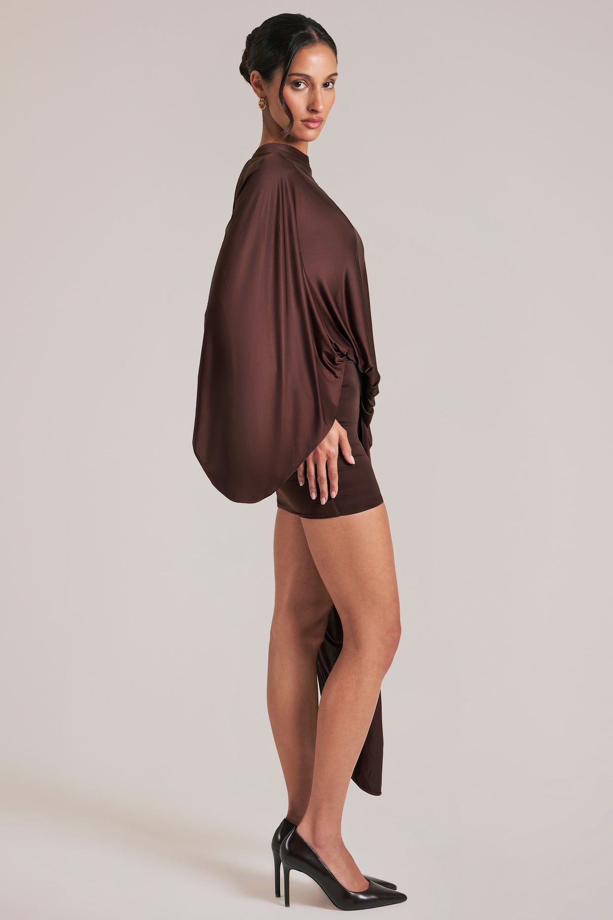 Draped Cape Mini Dress in Chocolate Brown - 3