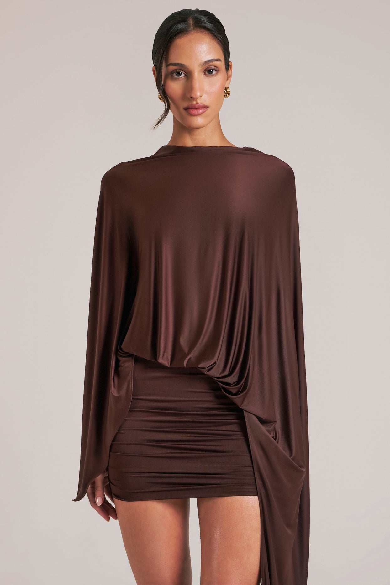 Draped Cape Mini Dress in Chocolate Brown - 4