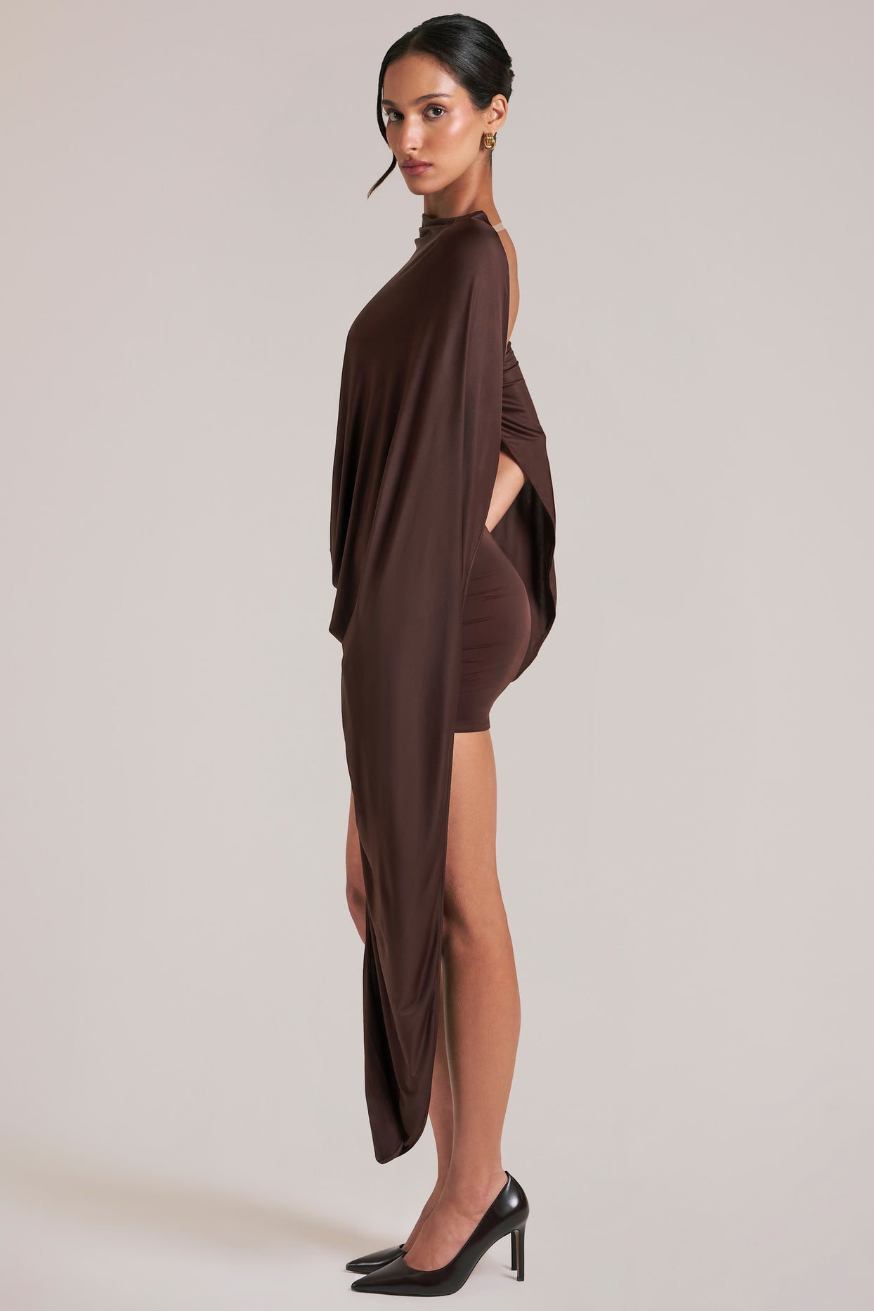 Draped Cape Mini Dress in Chocolate Brown - 6