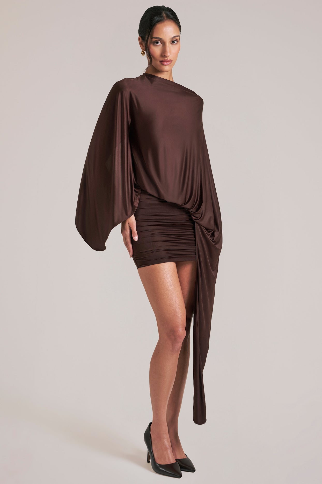 Draped Cape Mini Dress in Chocolate Brown - 8
