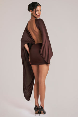 Oh Polly model Yasmin wearing the Lida Mini Dress in Chocolate Brown Satin fabric perfect for clubbing nights