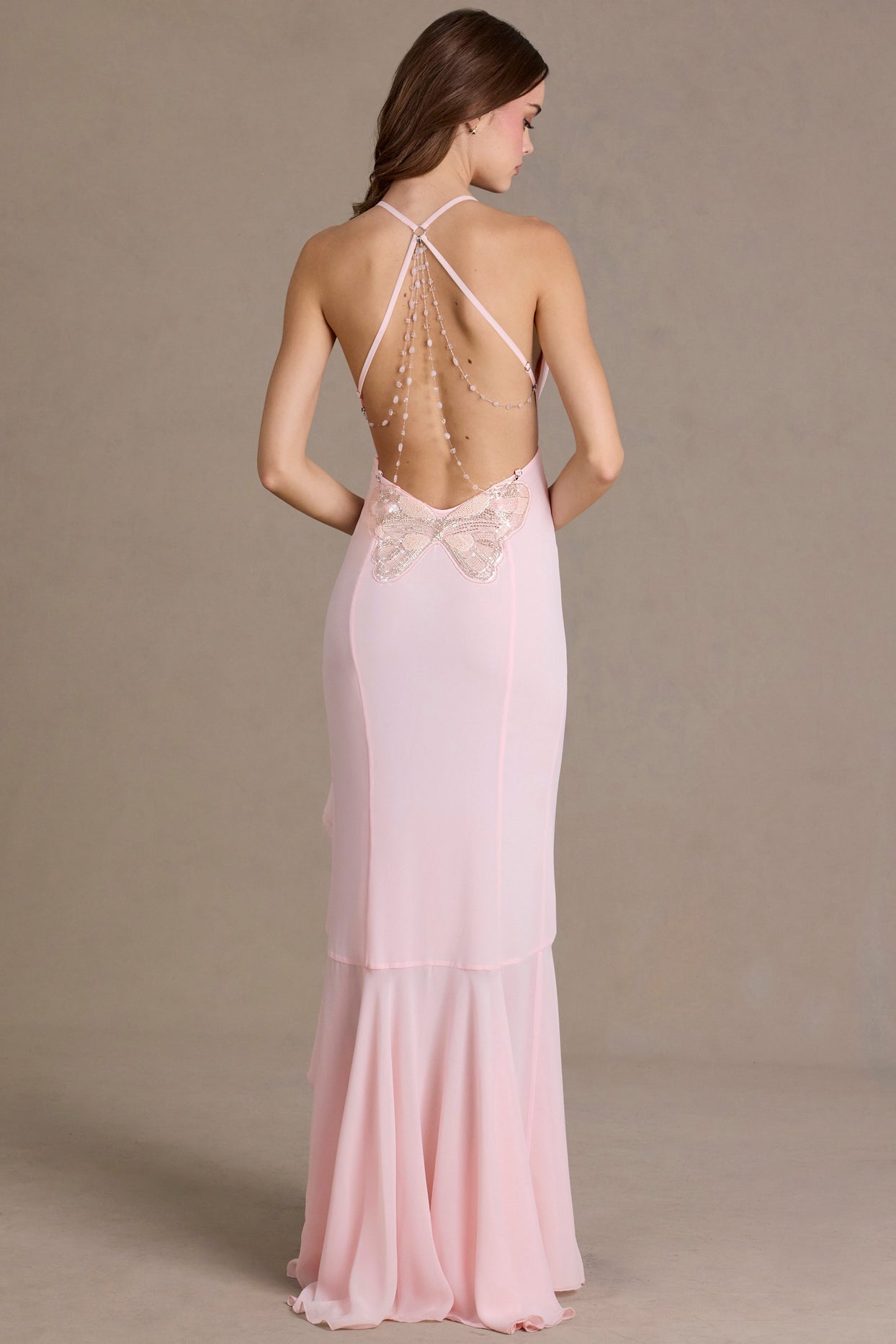 Chiffon Cowl-Neck Open-Back Gown in Baby Pink - 6