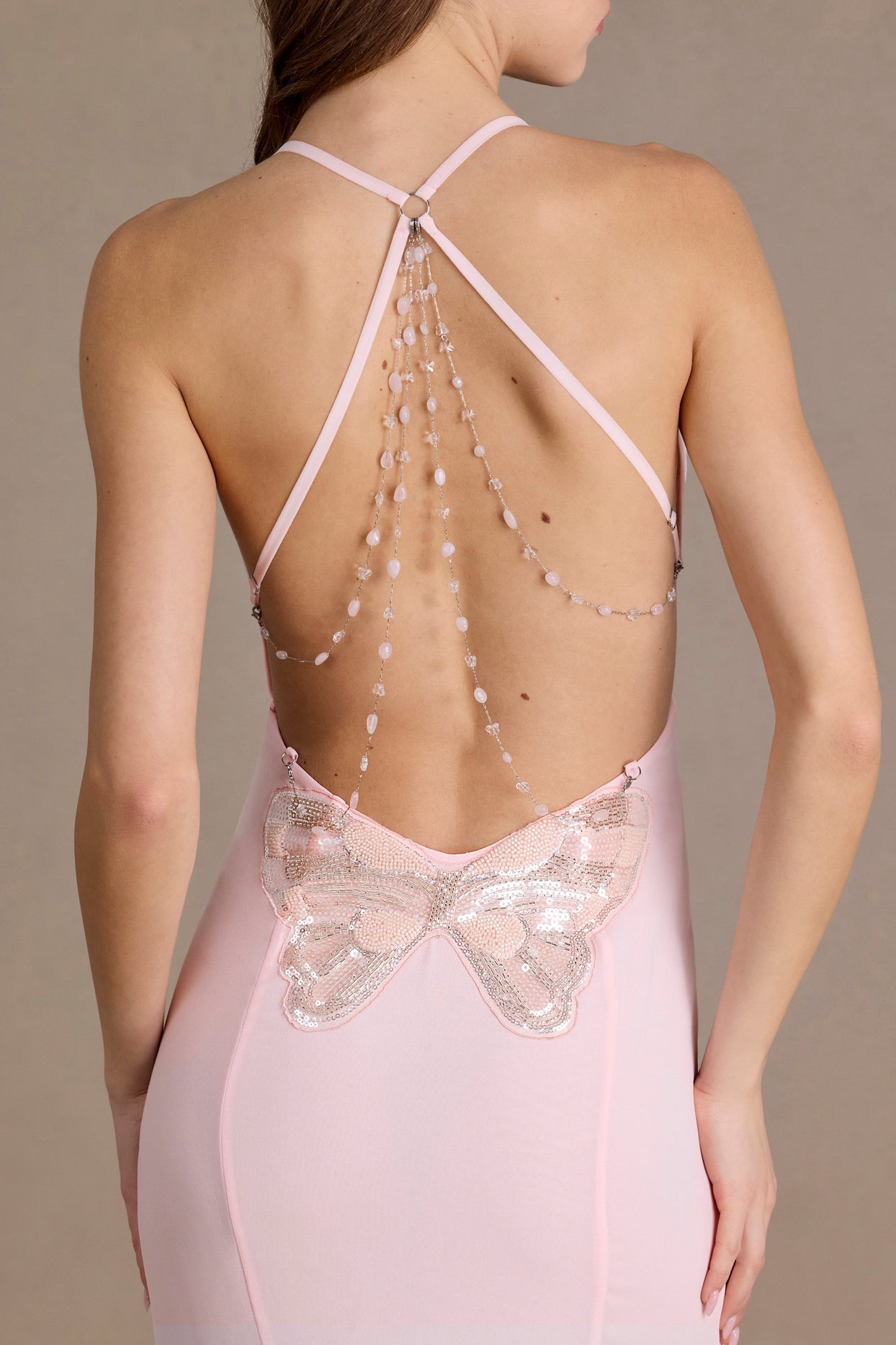 Chiffon Cowl-Neck Open-Back Gown in Baby Pink - 4