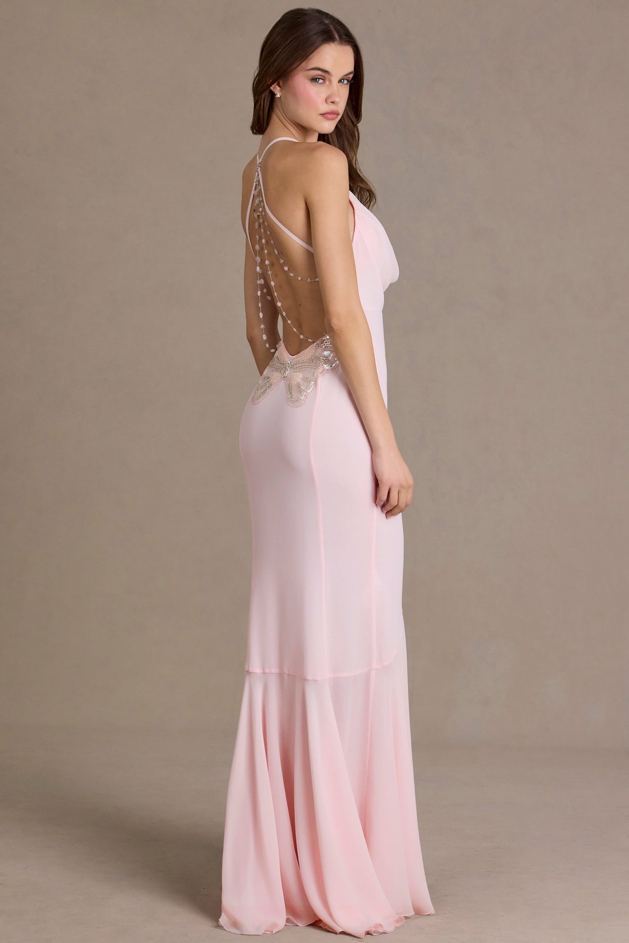 Chiffon Cowl-Neck Open-Back Gown in Baby Pink - 7