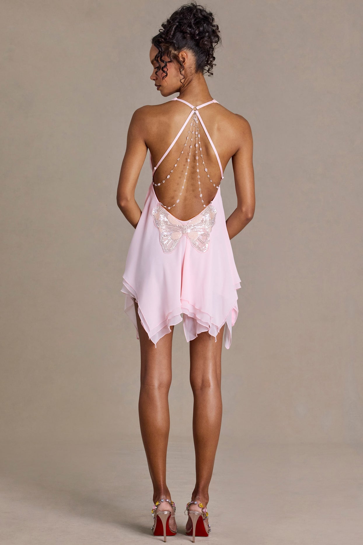 Chiffon Plunge-Neck Open-Back Mini Dress in Blossom - 6