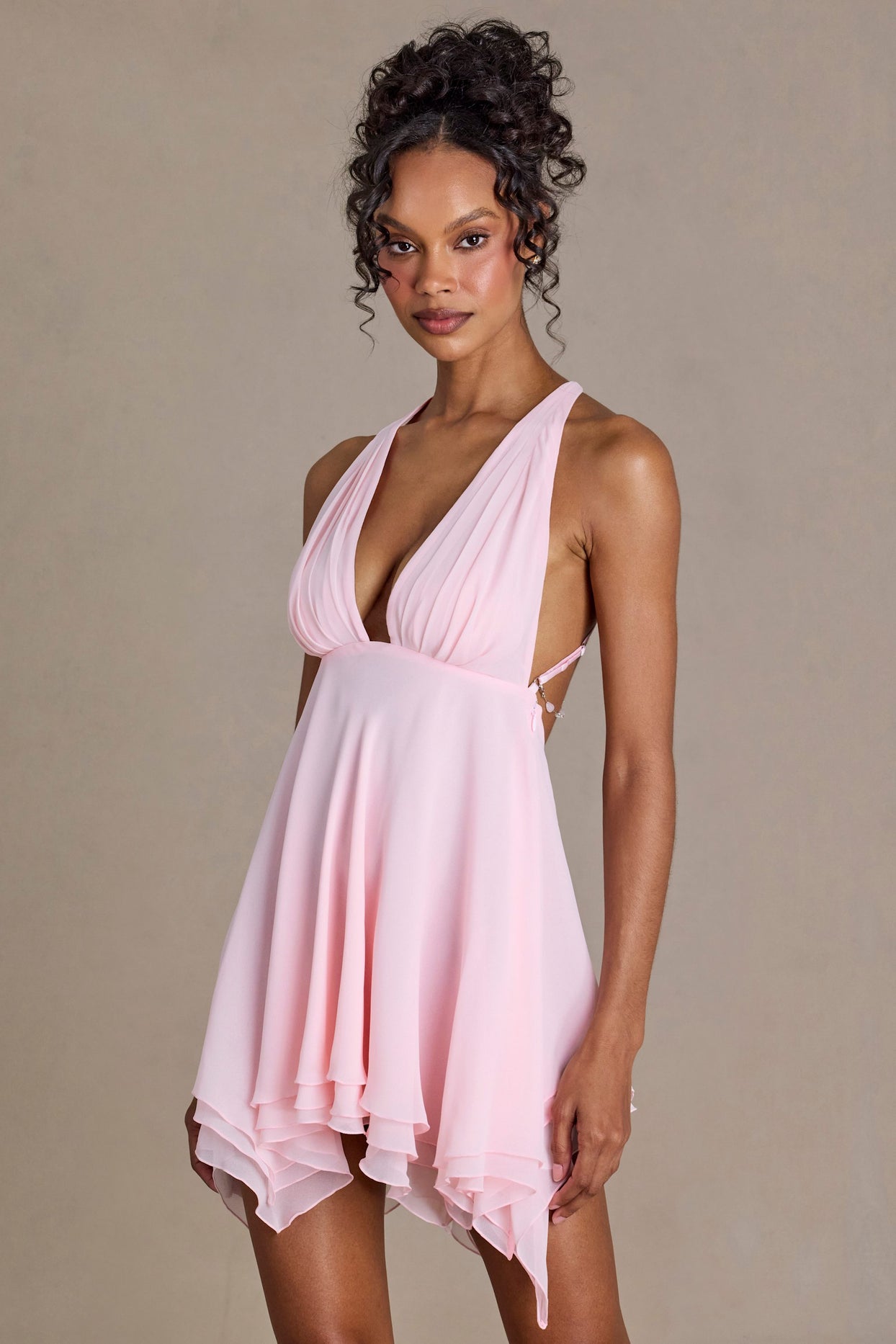 Chiffon Plunge-Neck Open-Back Mini Dress in Blossom - 7