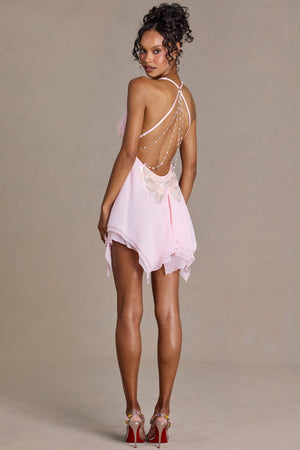 Premium Chiffon Plunge-Neck Open-Back Mini Dress in Baby Pink