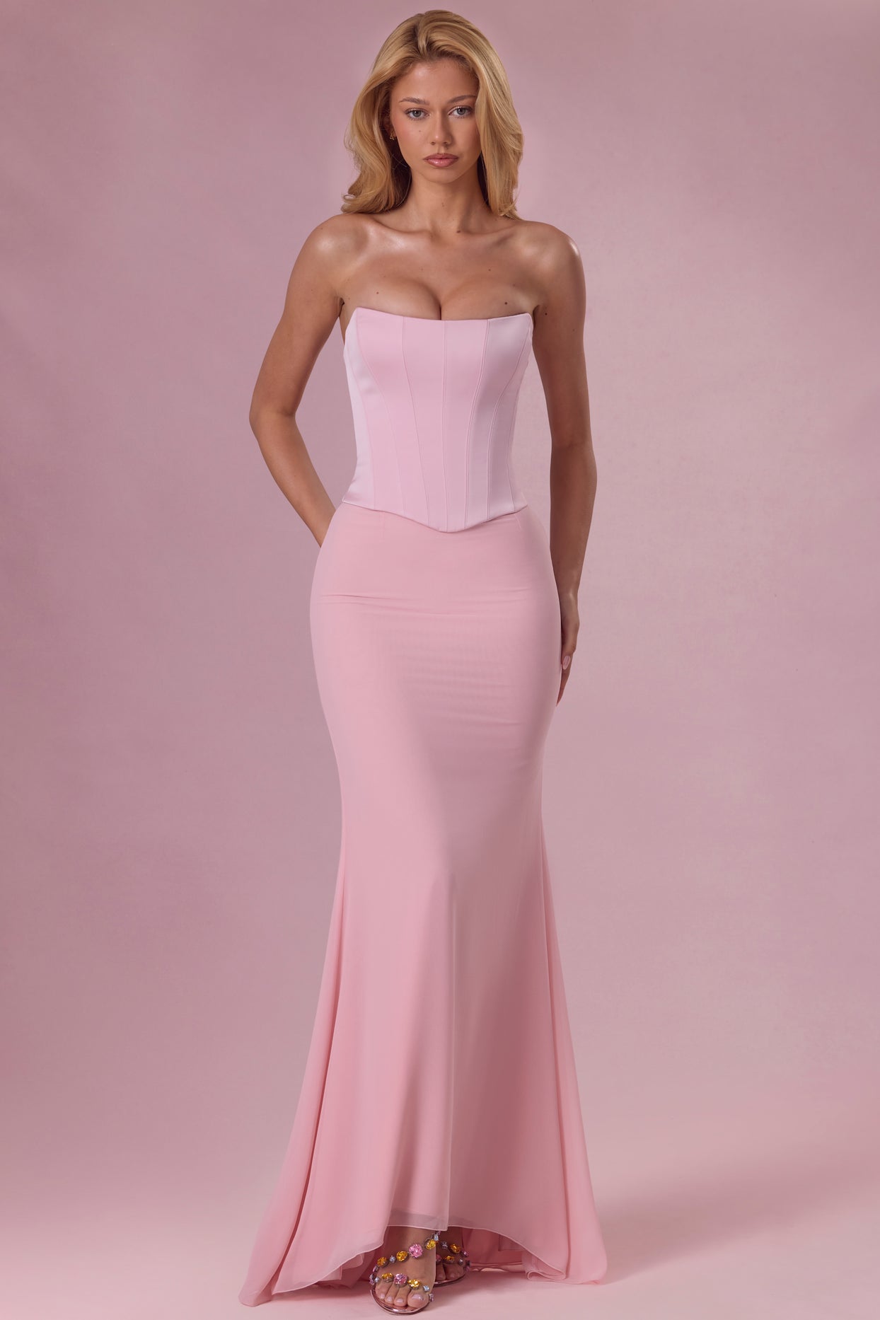 Satin Corset Bridesmaid Dress in Blush - 1
