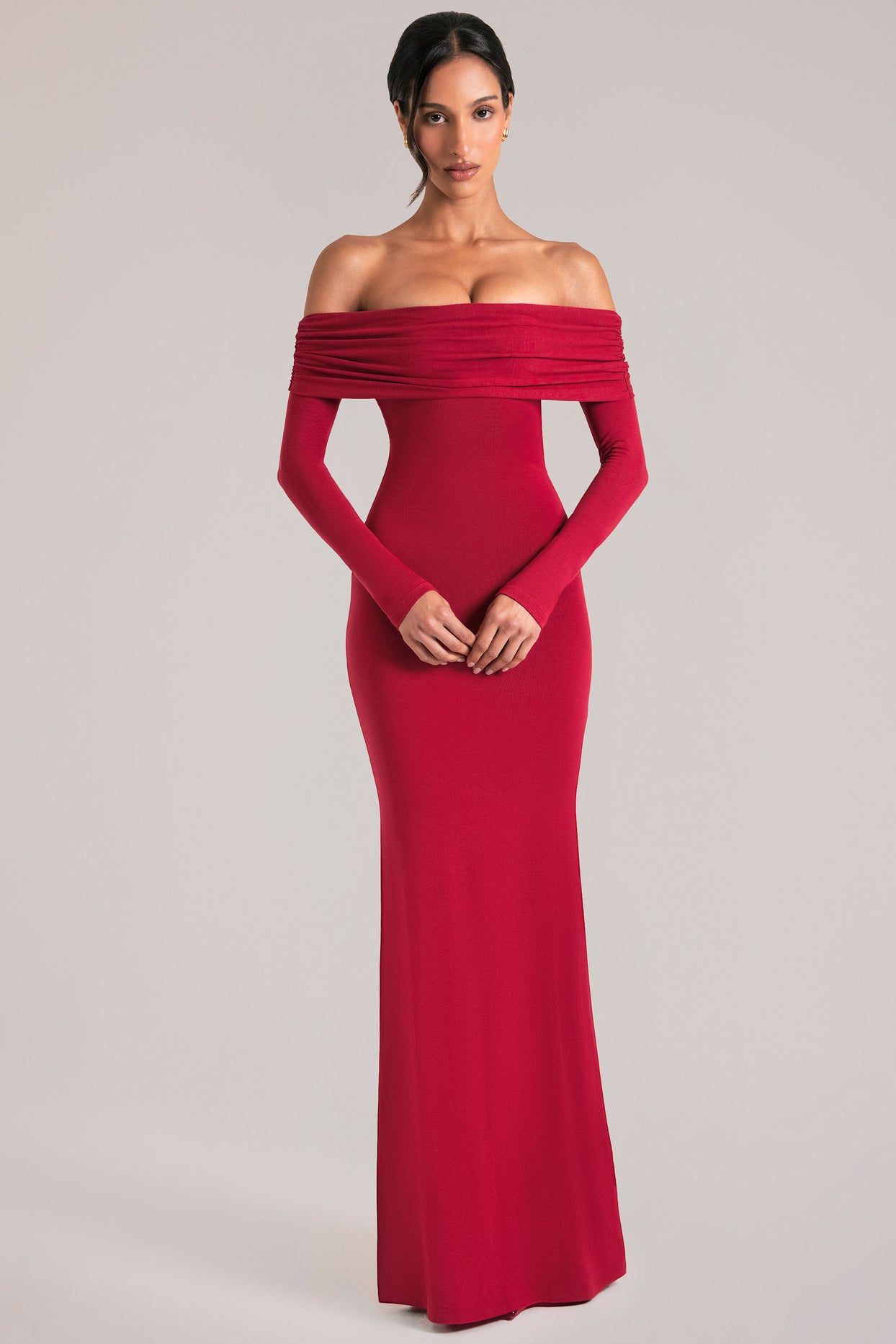 Off-Shoulder Long-Sleeve Maxi Dress in Cherry Red - 8