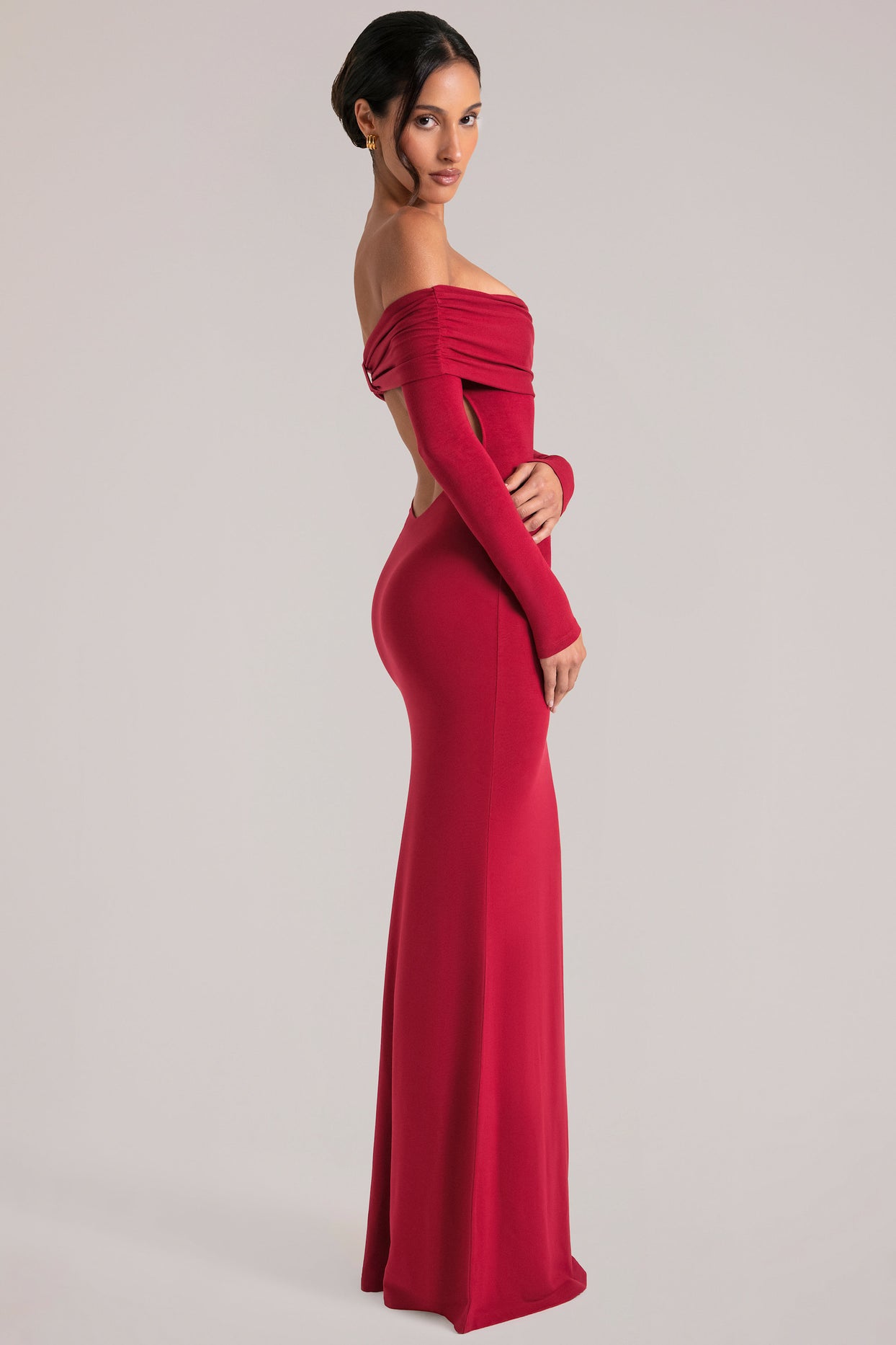 Off-Shoulder Long-Sleeve Maxi Dress in Cherry Red - 10