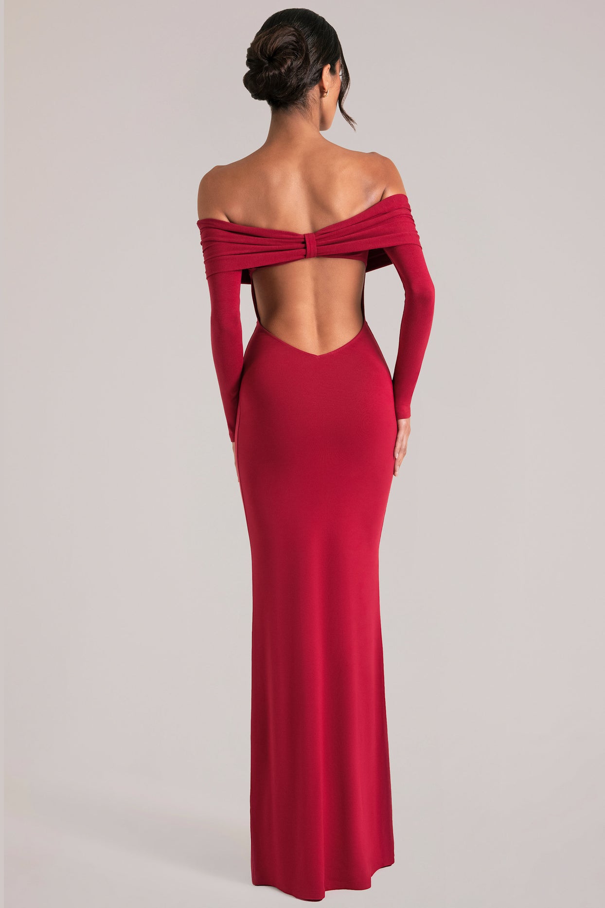 Off-Shoulder Long-Sleeve Maxi Dress in Cherry Red - 2