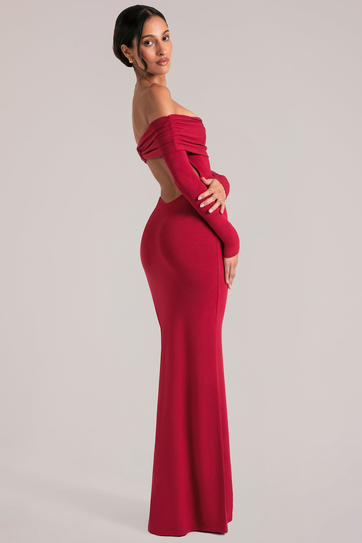 Off-Shoulder Long-Sleeve Maxi Dress in Cherry Red - 3