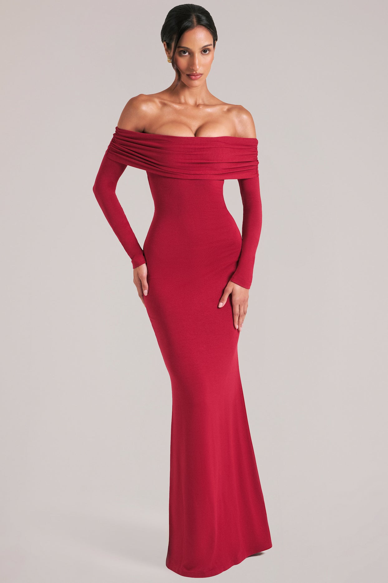 Off-Shoulder Long-Sleeve Maxi Dress in Cherry Red - 5