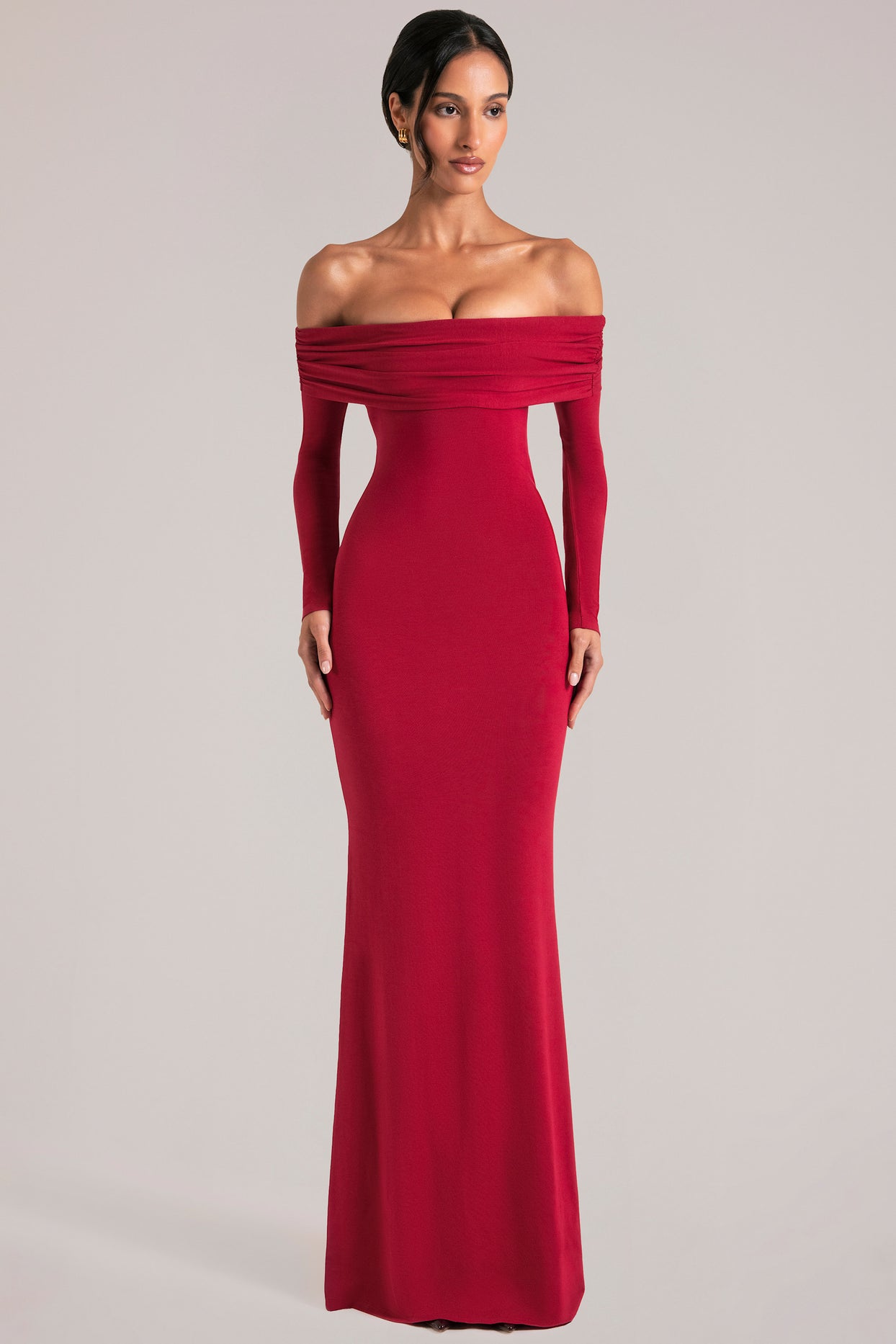 Off-Shoulder Long-Sleeve Maxi Dress in Cherry Red - 6
