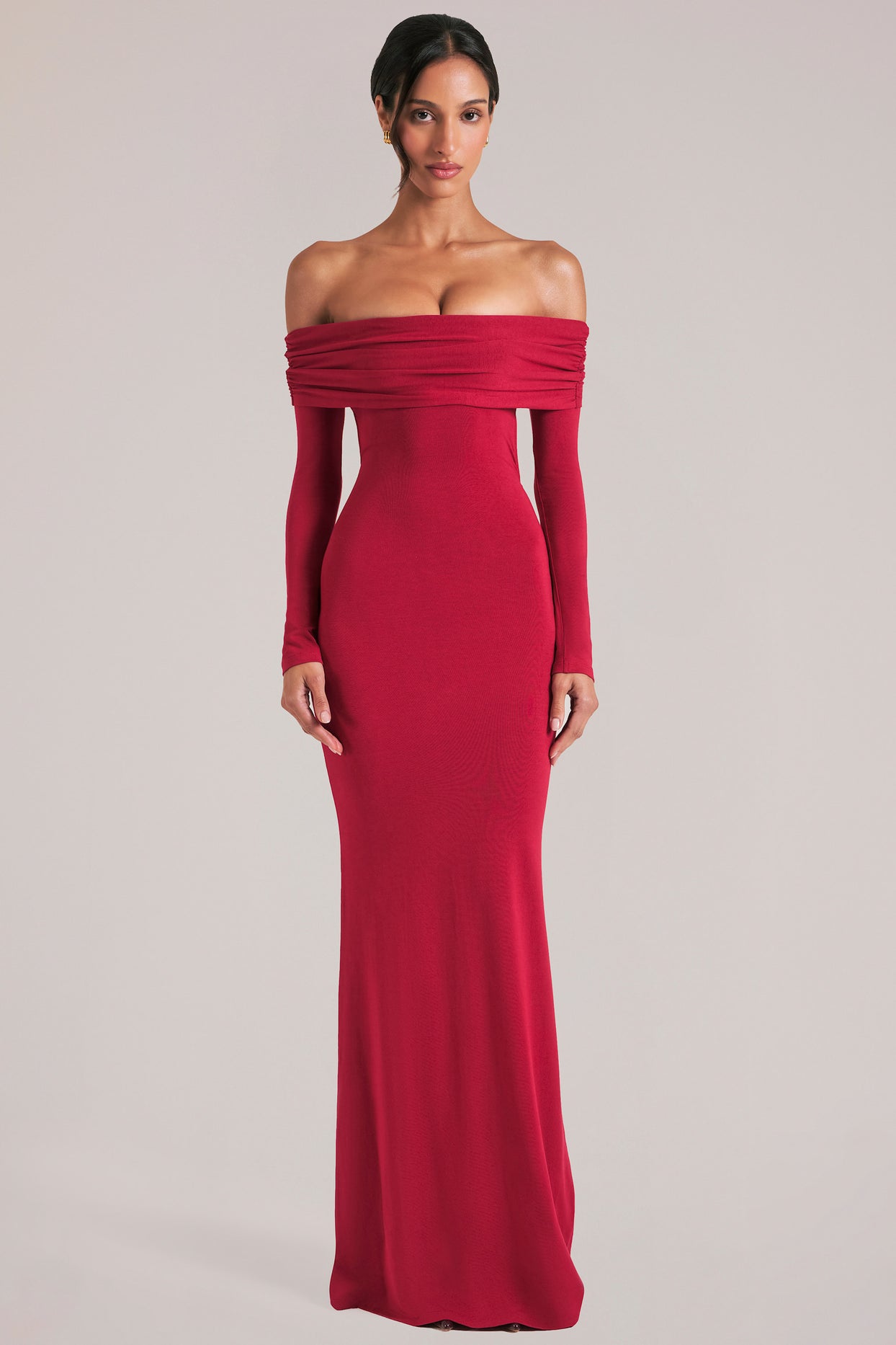 Off-Shoulder Long-Sleeve Maxi Dress in Cherry Red - 7