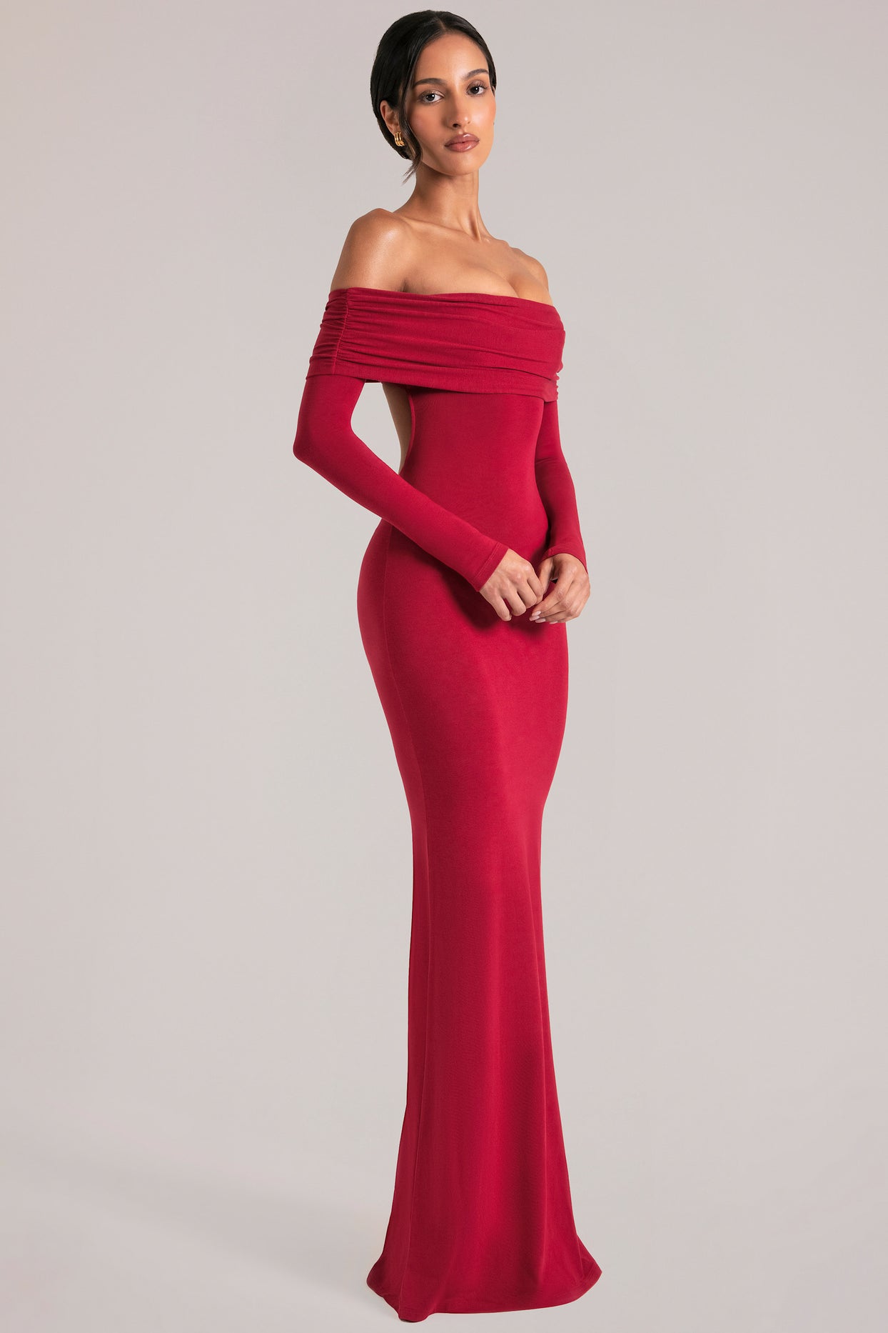 Off-Shoulder Long-Sleeve Maxi Dress in Cherry Red - 9