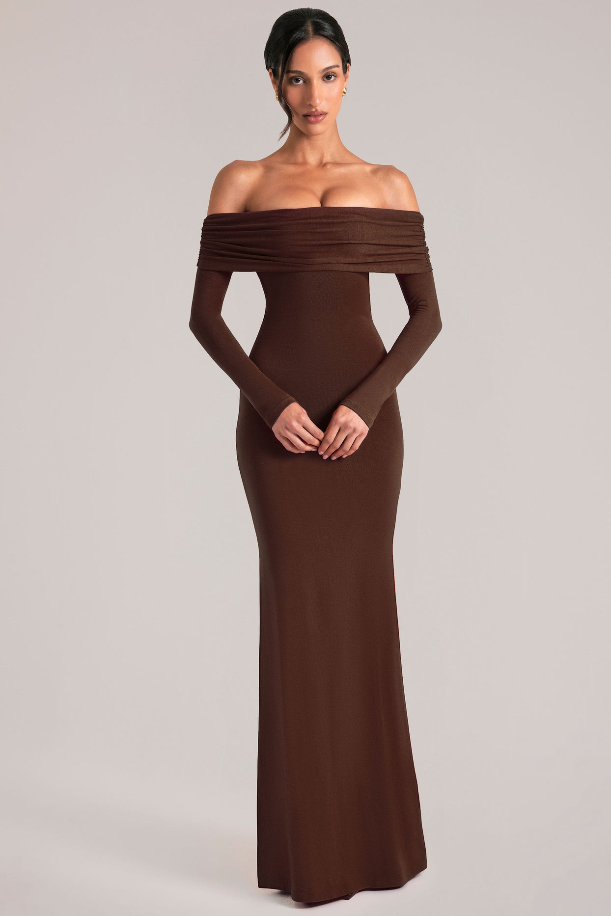 Off-Shoulder Long-Sleeve Maxi Dress in Chocolate Brown - 8