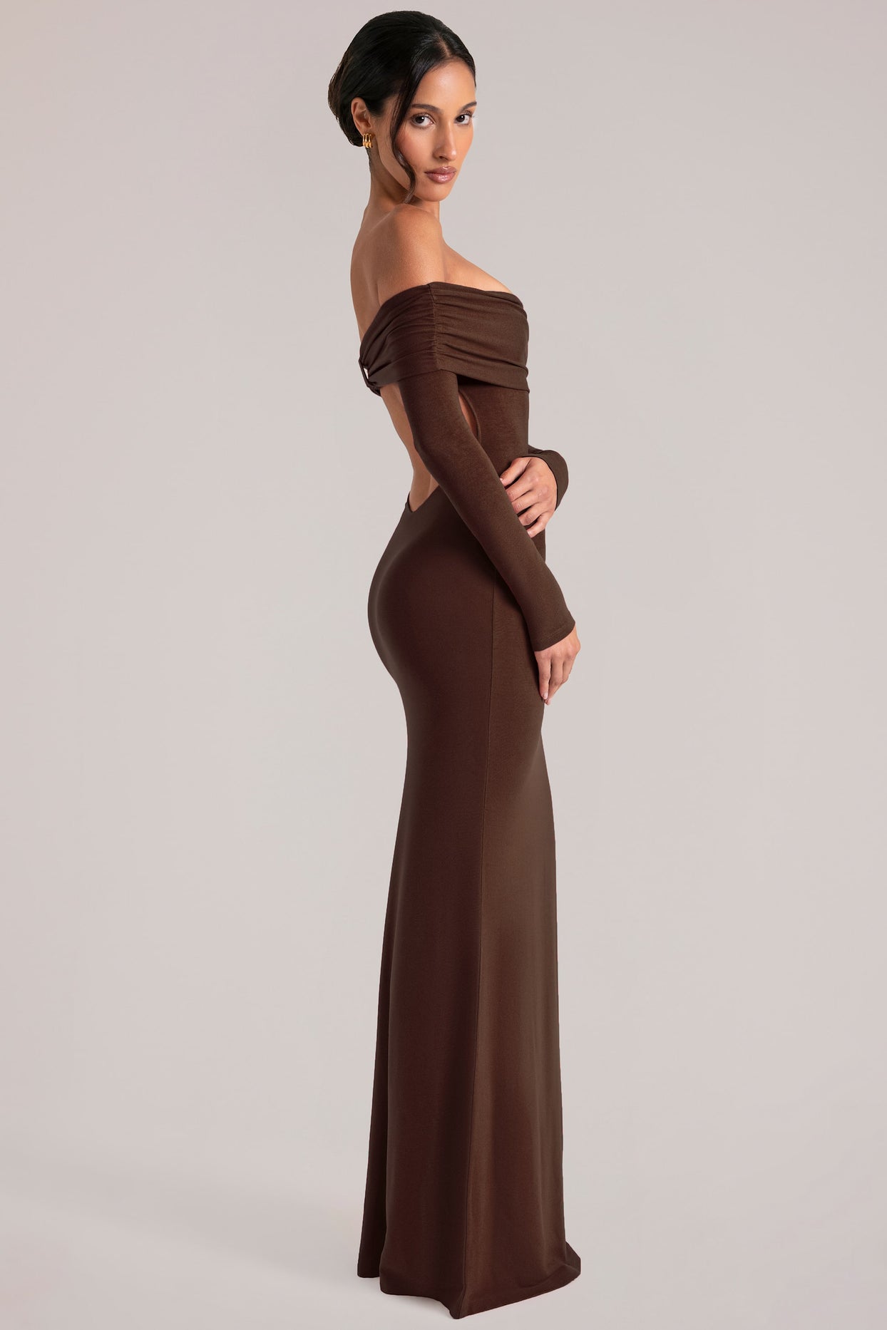 Off-Shoulder Long-Sleeve Maxi Dress in Chocolate Brown - 3