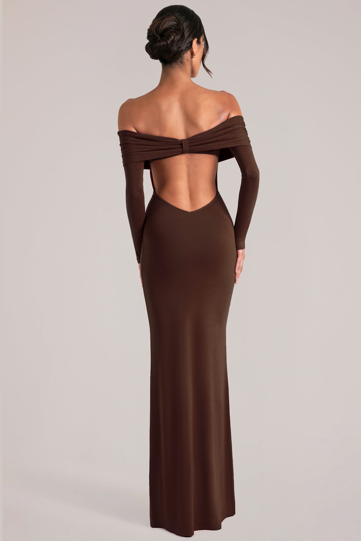 Off-Shoulder Long-Sleeve Maxi Dress in Chocolate Brown - 2