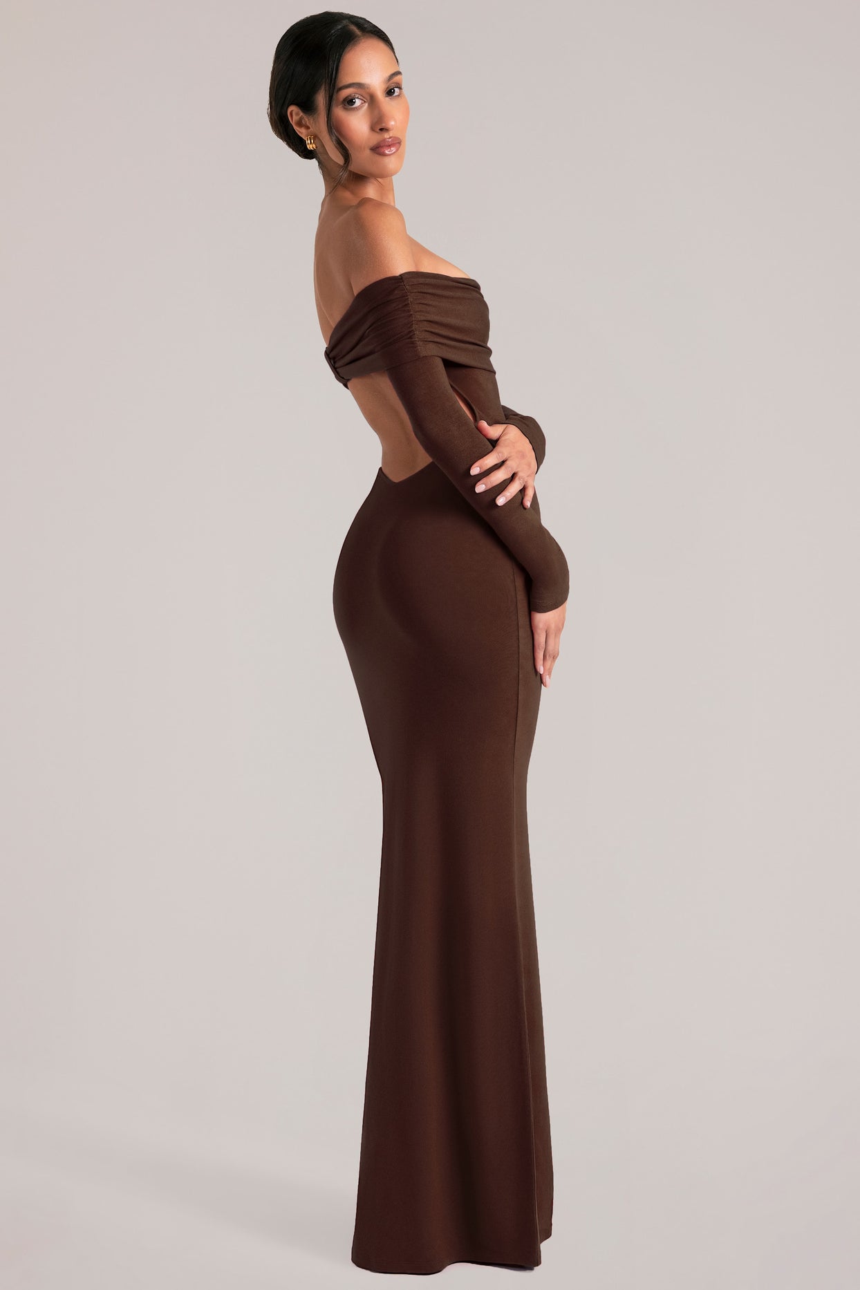 Off-Shoulder Long-Sleeve Maxi Dress in Chocolate Brown - 7