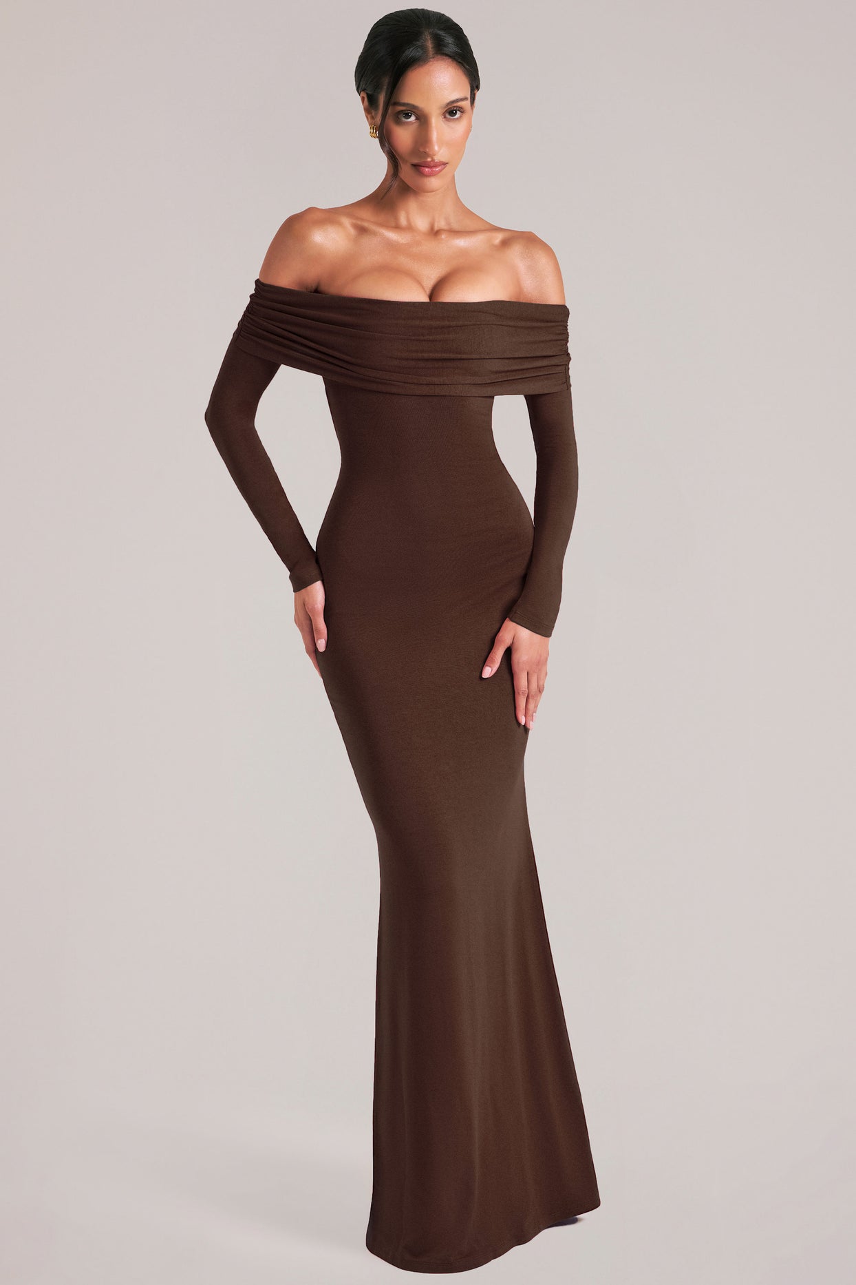 Off-Shoulder Long-Sleeve Maxi Dress in Chocolate Brown - 6