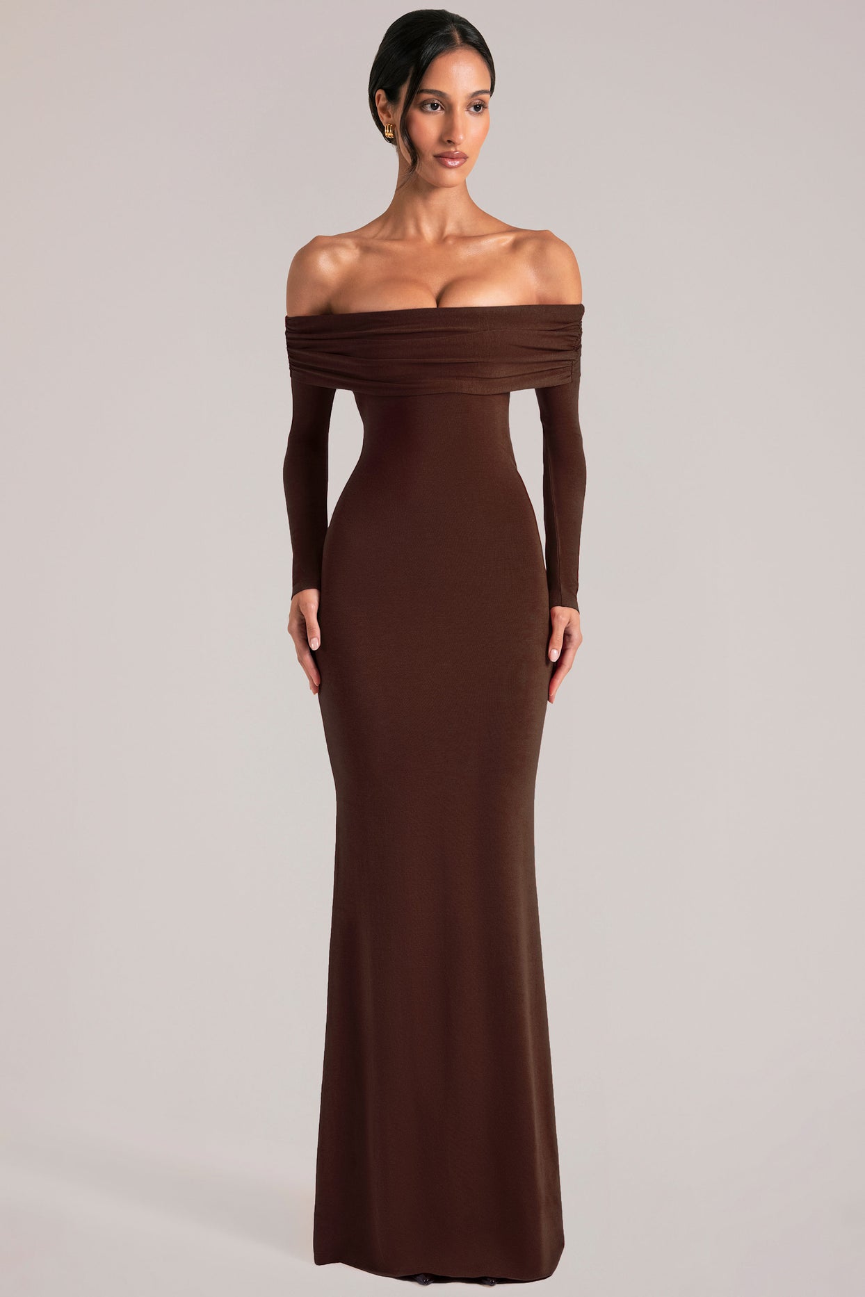 Off-Shoulder Long-Sleeve Maxi Dress in Chocolate Brown - 5