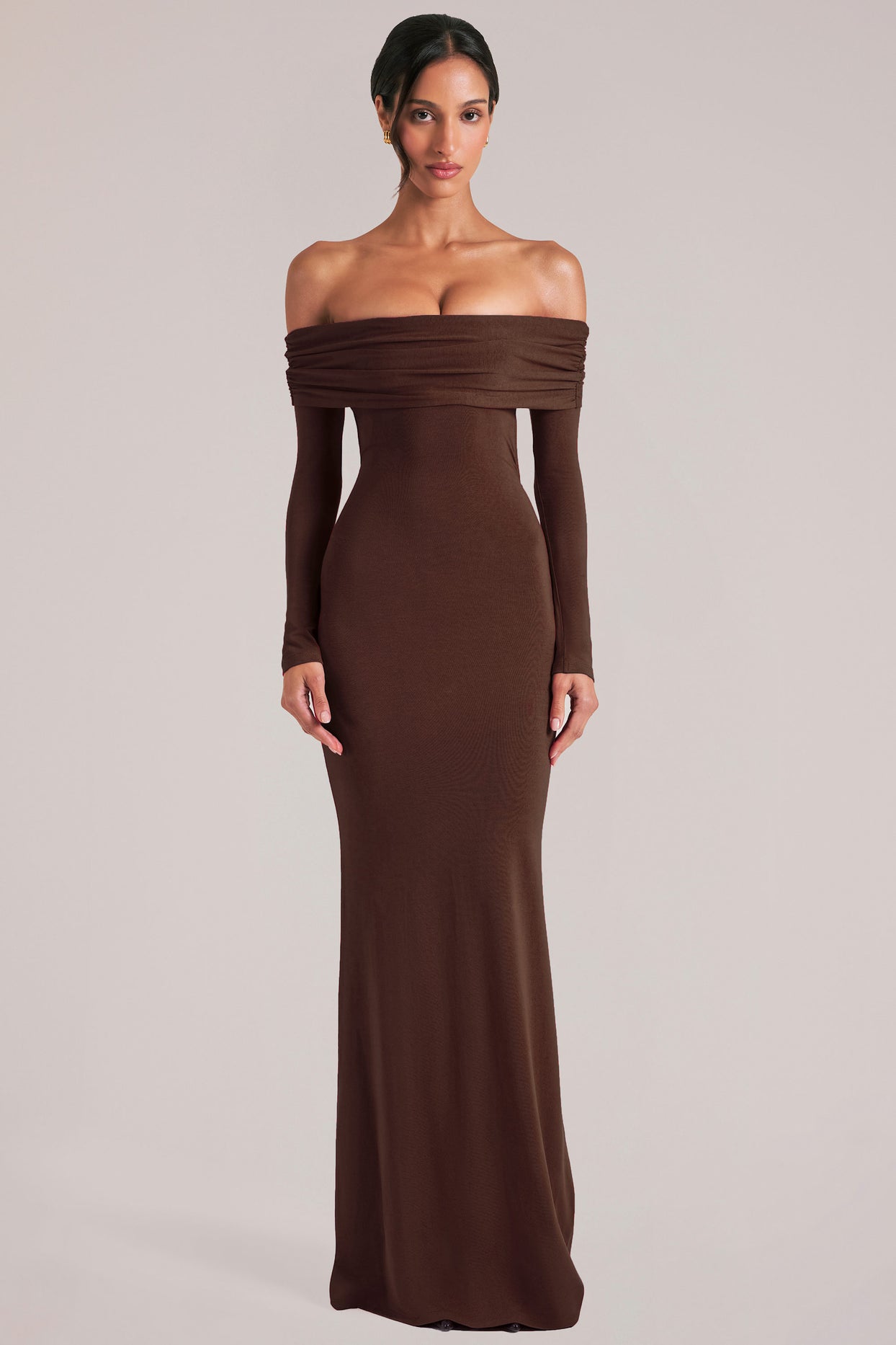 Off-Shoulder Long-Sleeve Maxi Dress in Chocolate Brown - 9