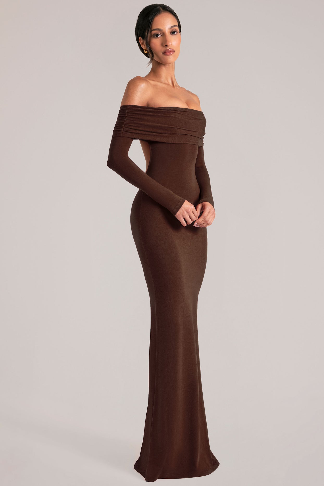 Off-Shoulder Long-Sleeve Maxi Dress in Chocolate Brown - 10