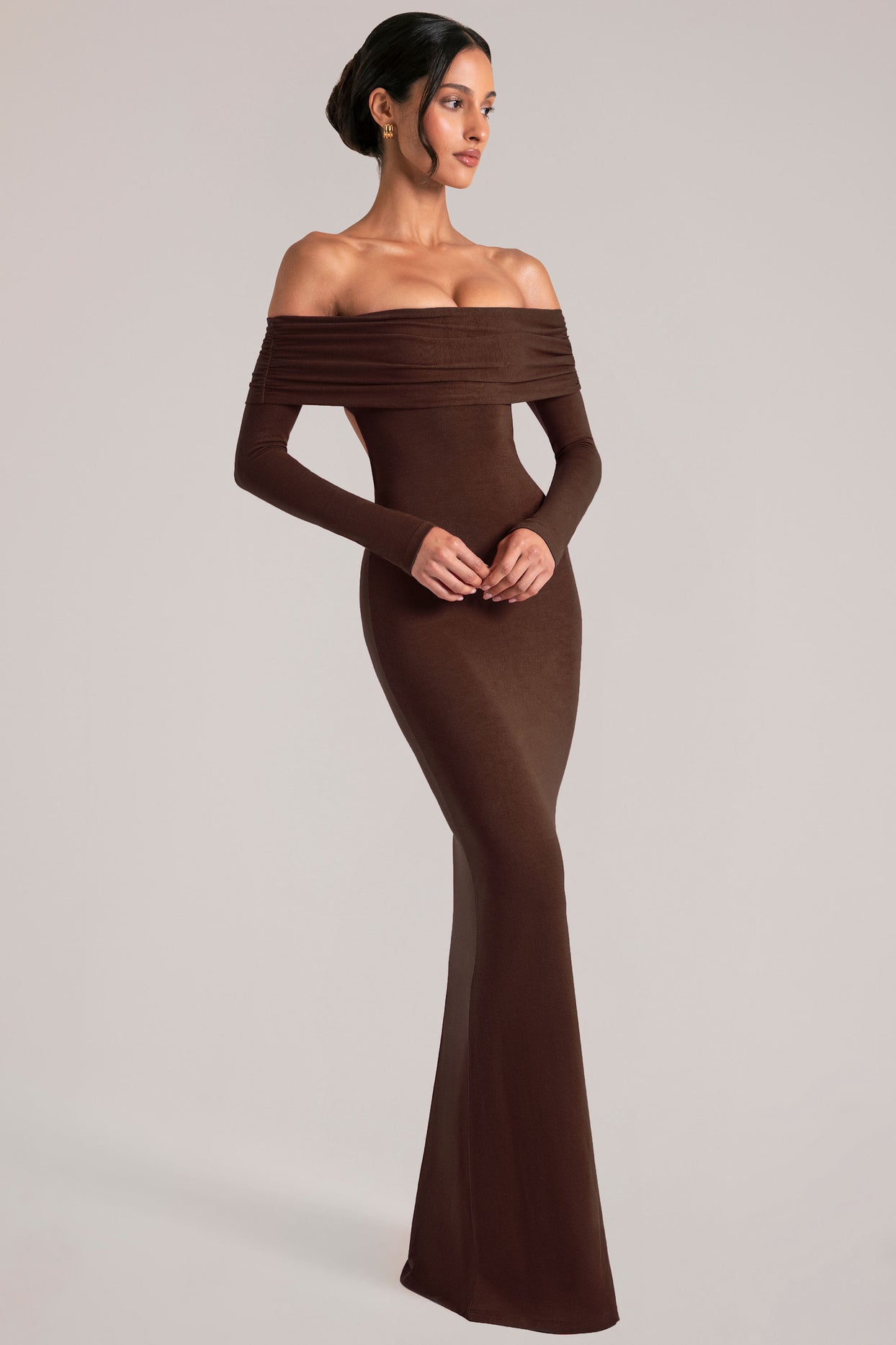 Off-Shoulder Long-Sleeve Maxi Dress in Chocolate Brown - 1